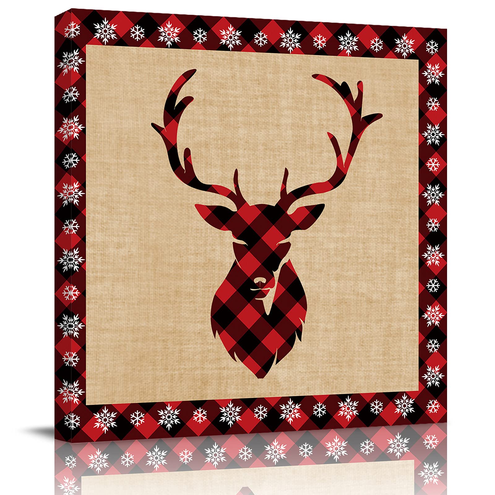 Vintage Buffalo Lattice Reindeer Canvas Wall Art - Winter Forest Animal Oil Painting for Home Decor - Framed & Stretched Ready to Hang - Perfect for Bathroom, Kitchen, Christmas Decor & Living Room Wall Art