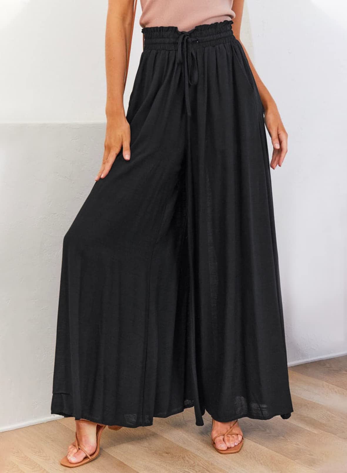 EVALESS Women's Casual Wide Leg Palazzo Pants - Elastic Drawstring Waist, Flowy & Comfortable with Pockets - Perfect for Work, Travel & Lounge Wear