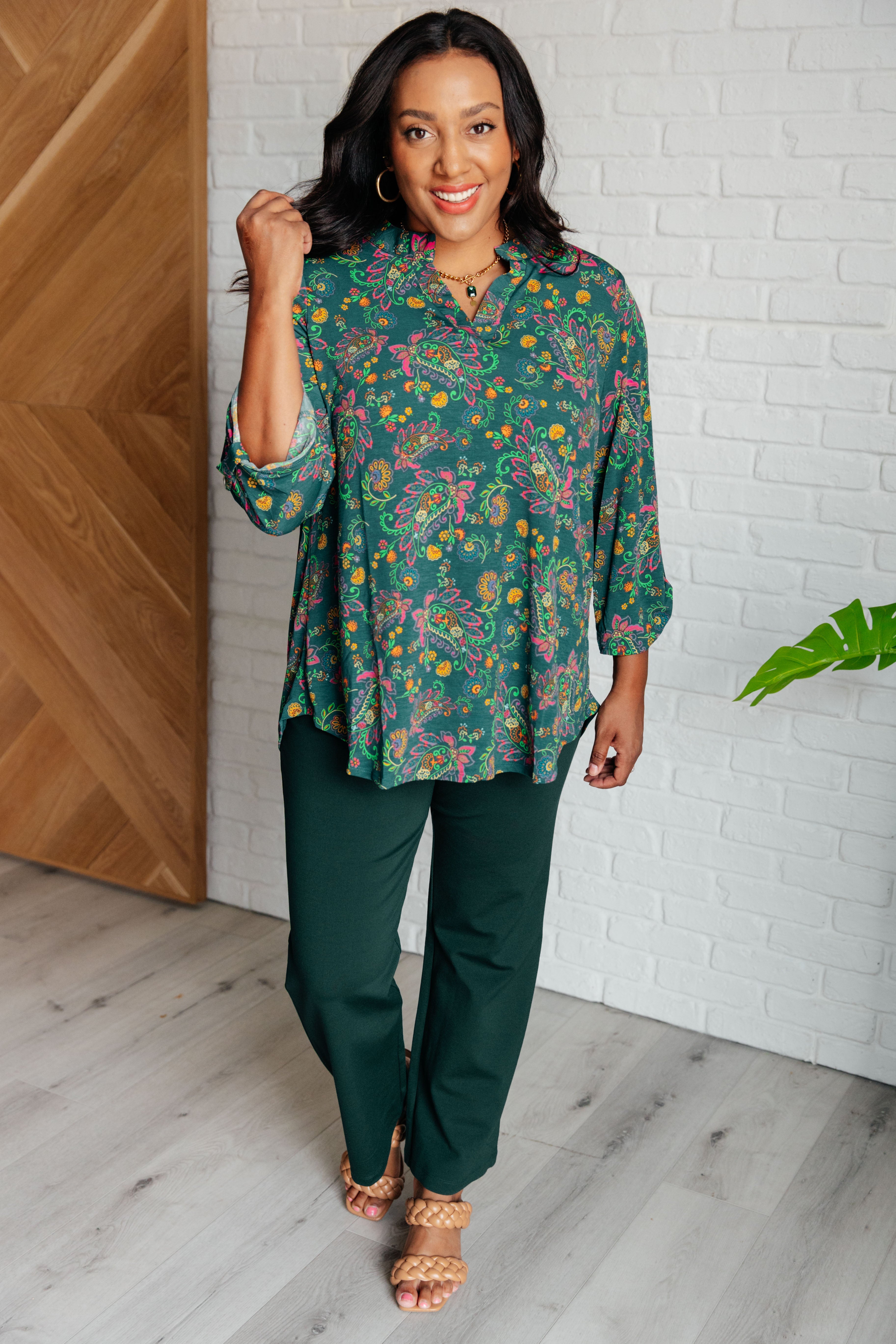 Lizzy Women's Teal and Purple Floral Paisley Print Blouse Top for Casual Wear, Office & Date Night Outfits