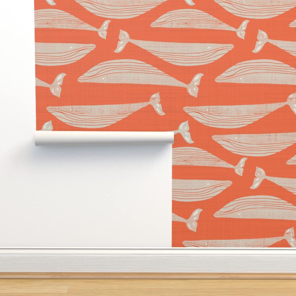 Premium Commercial Grade Wallpaper - 27ft x 2ft Whales & Ocean Life Design (Orange Whale Pod, Fish, Sea Creatures) - Waterproof Peel & Stick Traditional Wallpaper for Living Room, Bedroom, Nursery, Office by Spoonflower