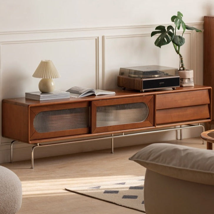 Solid Oak & Poplar Wood French Style TV Stand with Sliding Doors - Perfect for Living Room, Bedroom & Home Theater Storage