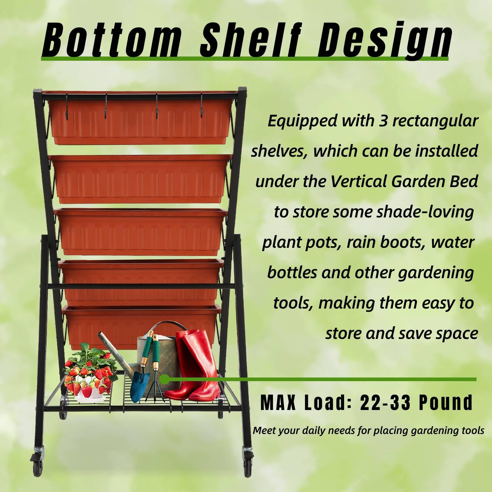 Homdox 4FT Vertical Garden Bed - 5 Tier Raised Planter Stand for Vegetables & Flowers (25.6x26x48 Inch) with 4 Hooks, 4 Wheels & Storage Rack - Brown | Perfect for Small Spaces, Balconies, Patios & Indoor Gardening