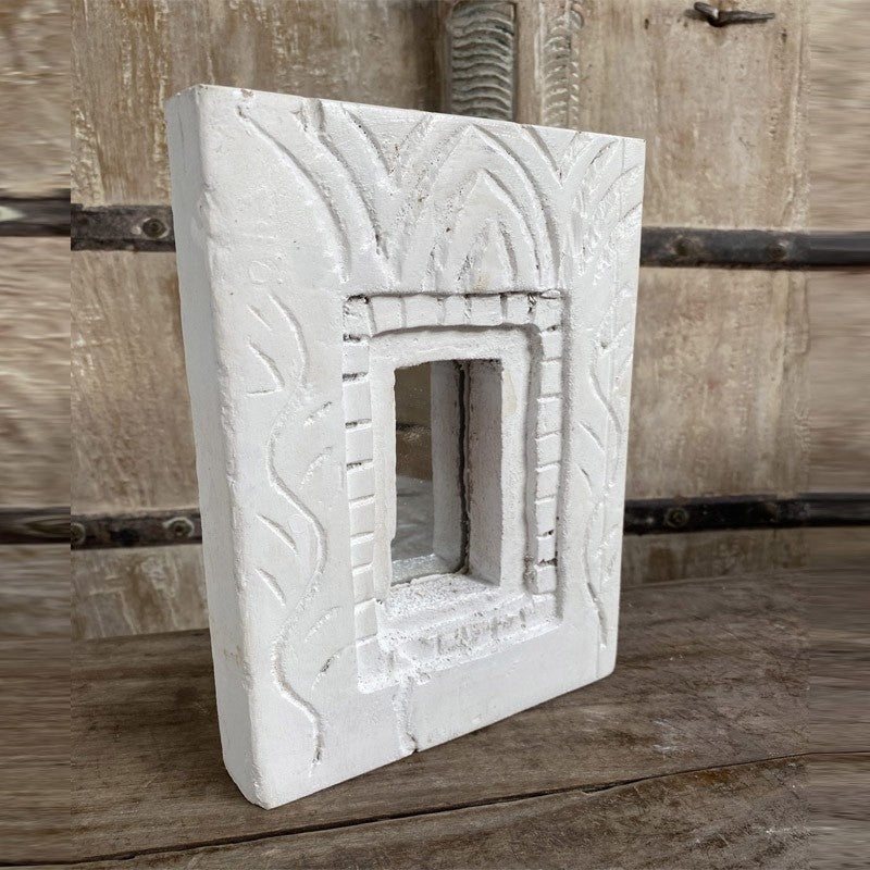 Hand Carved Indian Solid Wood Temple Mirror - 23cm Whitewashed Wall Decor for Boho, Farmhouse & Meditation Spaces - Perfect for Home, Office & Yoga Studio Décor
