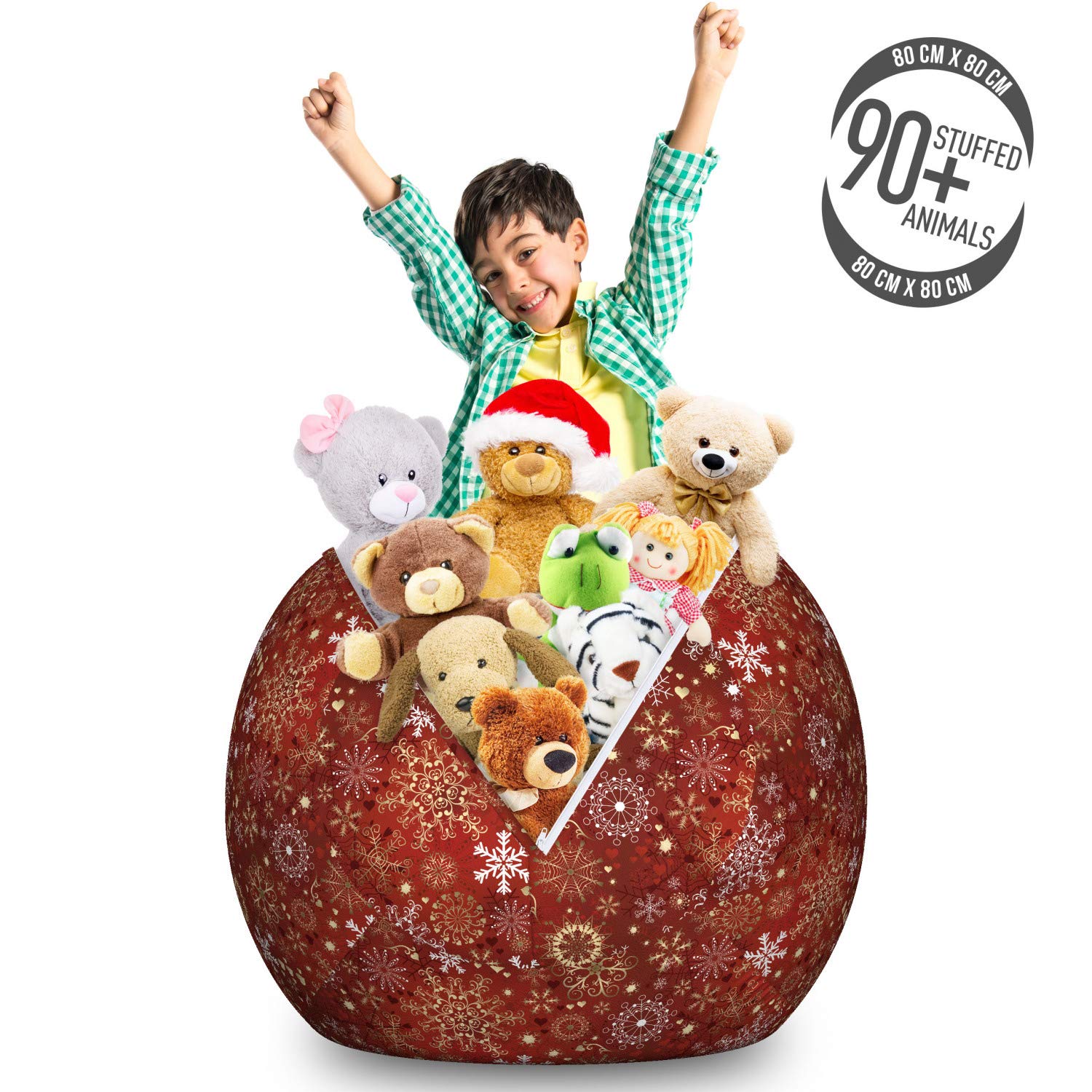 Ambesonne Christmas Storage Toy Bag Chair - Large Washable Stuffed Animal Organizer with Ornate Snowflakes, Floral Swirls & Hearts Pattern (Red/Yellow/White) - Perfect for Holiday Decor, Kids Room Organization & Seasonal Storage