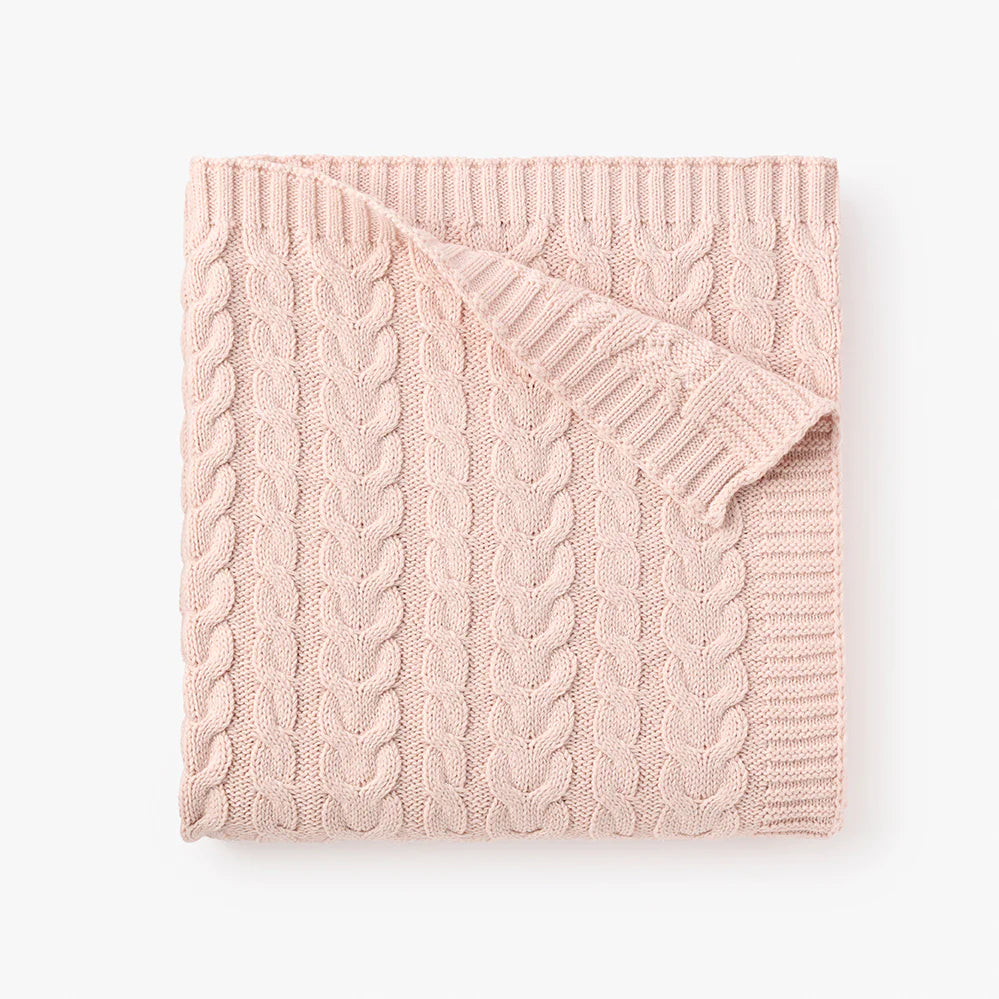 Soft Blush Horseshoe Cable Knit Baby Blanket - Cozy & Warm for Newborns, Nursery, and Gift Giving