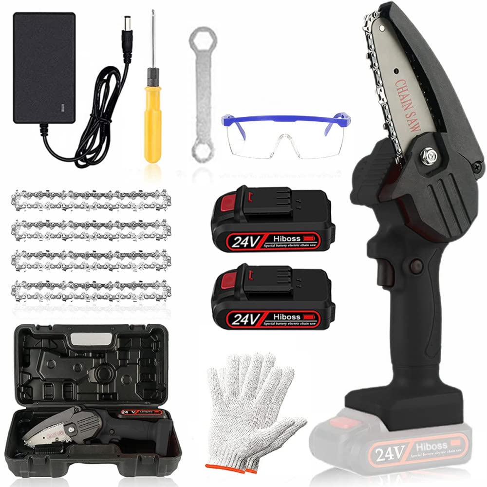 24V Mini Electric Chainsaw Cordless - 4 Inch Portable Chainsaw with 2 Batteries for Tree Branch Cutting, Wood Pruning & Garden Maintenance | Perfect for Courtyard Trimming, DIY Projects & Outdoor Landscaping (Black)