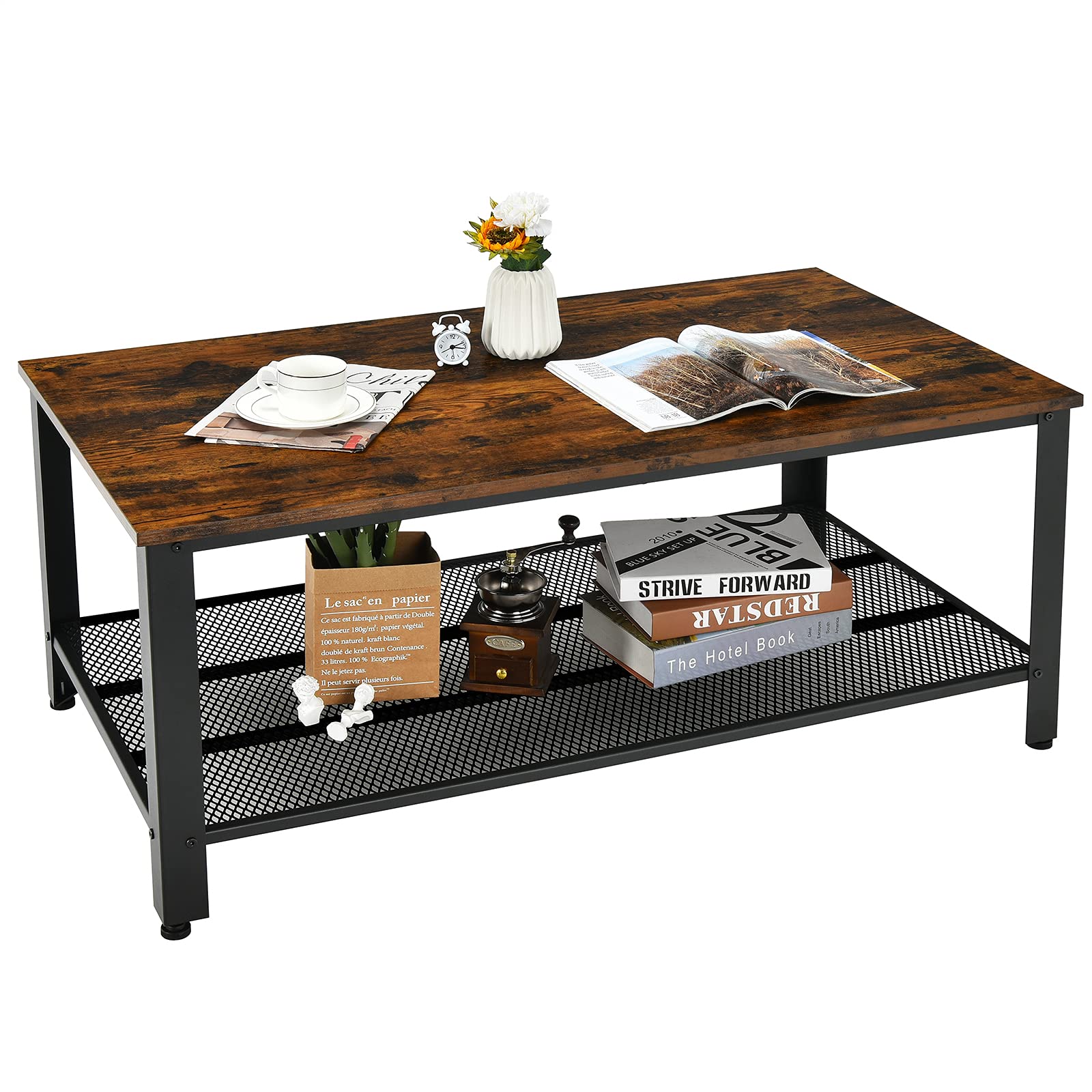 **Giantex 42 Inch Retro Coffee Table with Storage Shelf, Adjustable Feet & Scratch-Proof Surface – Rustic Brown Living Room Accent Table for Tea, Snacks & Home Decor**    *(Perfect for cozy living rooms, modern apartments, or farmhouse-style homes – ideal for holding drinks, books, and decorative accents!)*