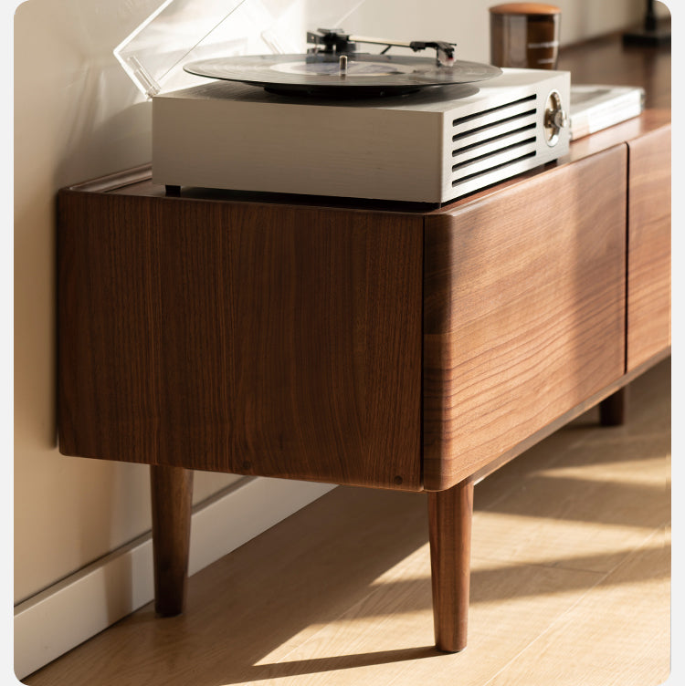 Modern Black Walnut Solid Wood TV Stand - Minimalist Entertainment Center for Living Room, Home Theater & Media Storage