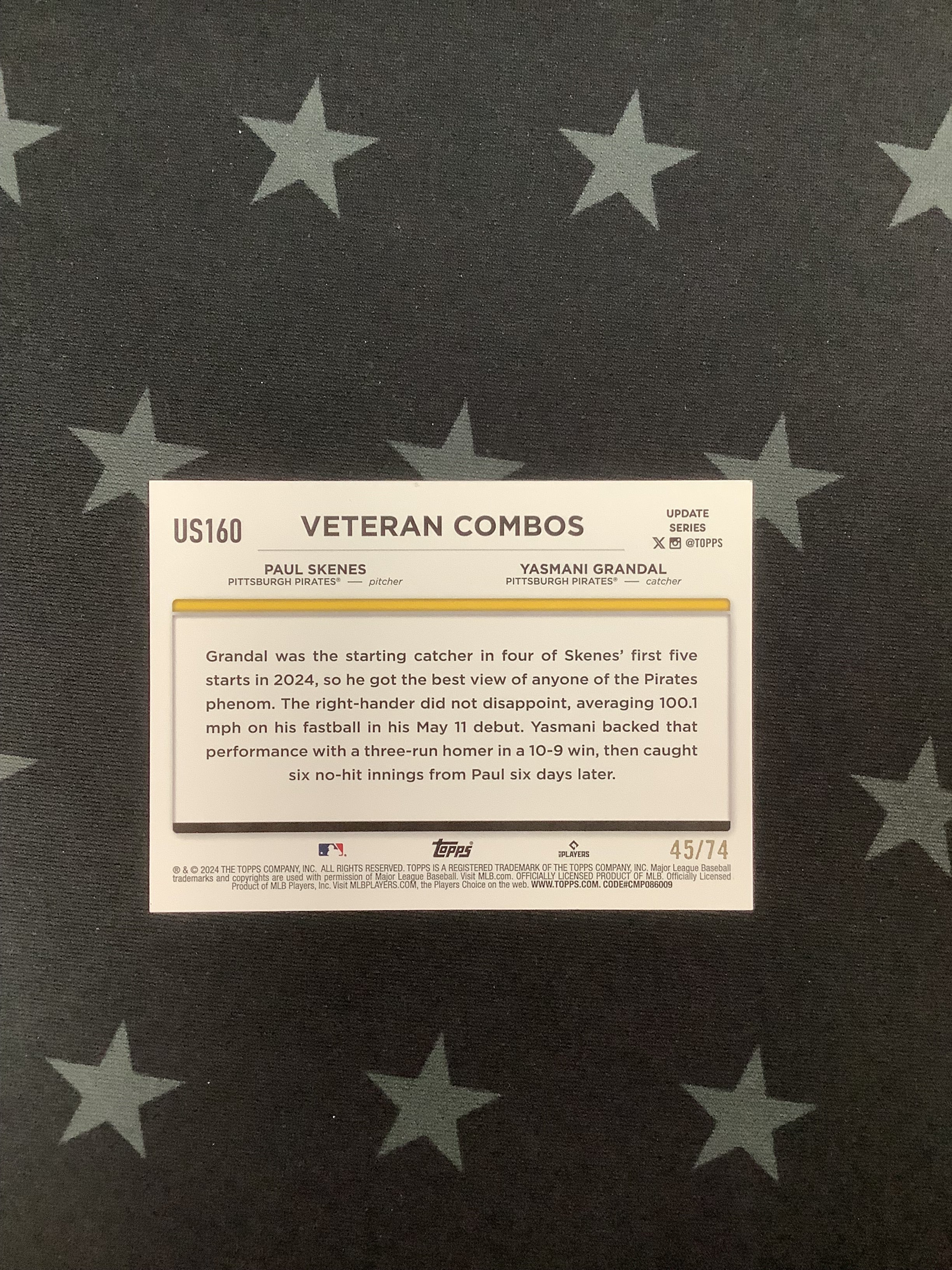 2024 Topps Update US160 Paul Skenes & Yasmani Grandal Veteran Combos Black Parallel #45/74 - Pittsburgh Pirates Baseball Card - Perfect for Collectors & MLB Fans