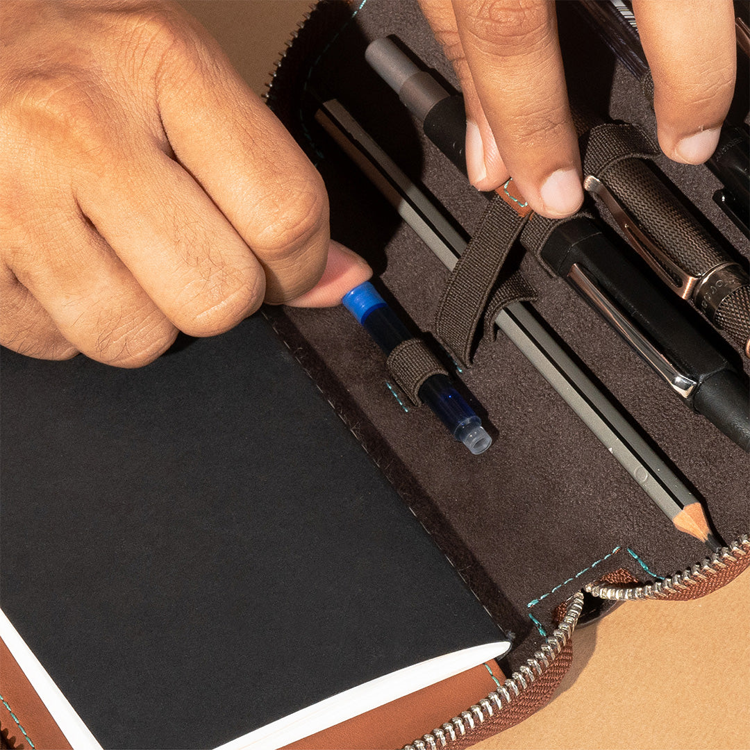 Premium Leather Adjustable 5-Pen Pouch - Brown Organizer for Writers, Students & Professionals - Perfect for Office, School & Travel Use