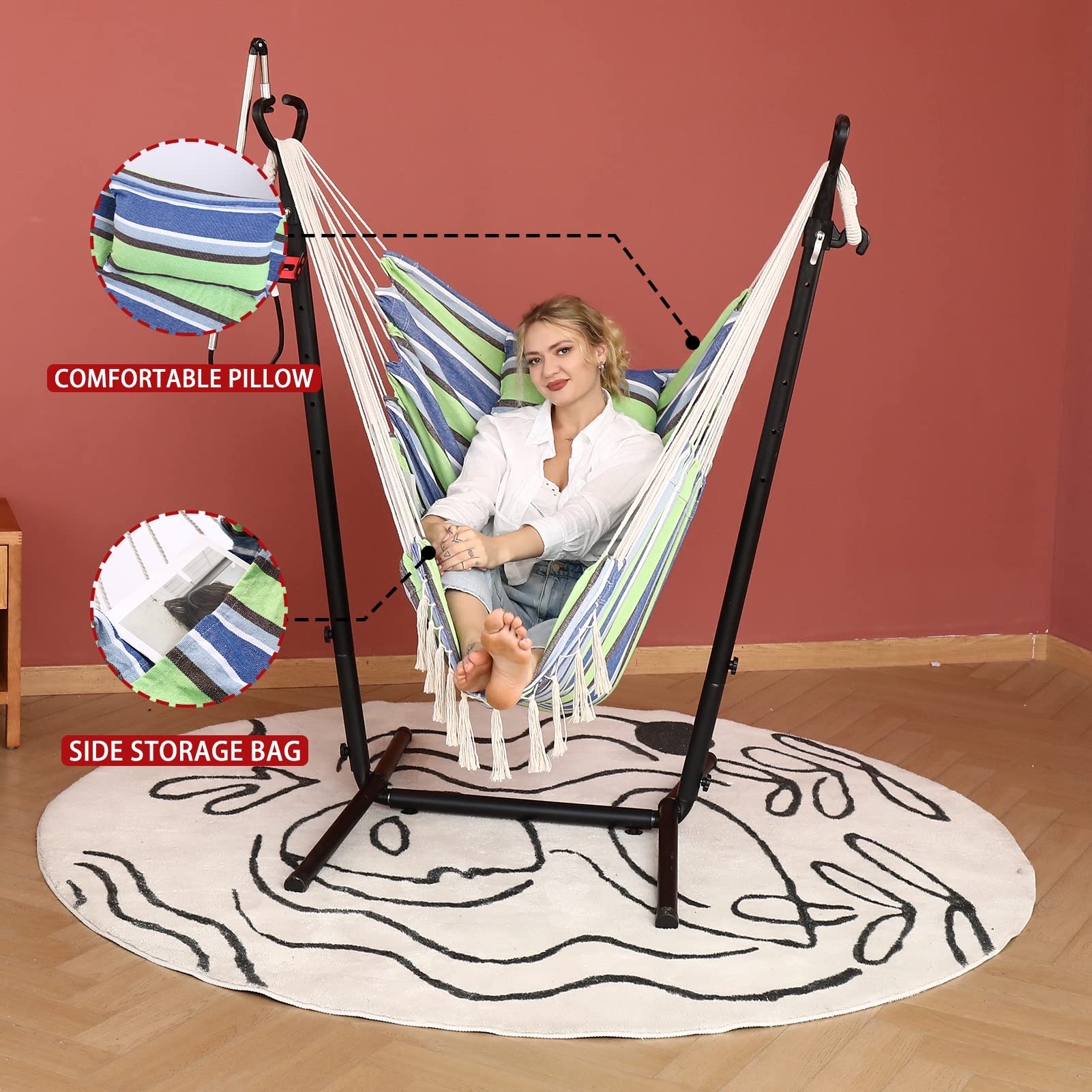 ZEYU Double Hammock Chair with Stand - 400lb Capacity Bohemian Style Swing Chair with Tassels & Phone Holder, Adjustable for Indoor/Outdoor Use - Perfect for Garden, Porch, Patio & Relaxation