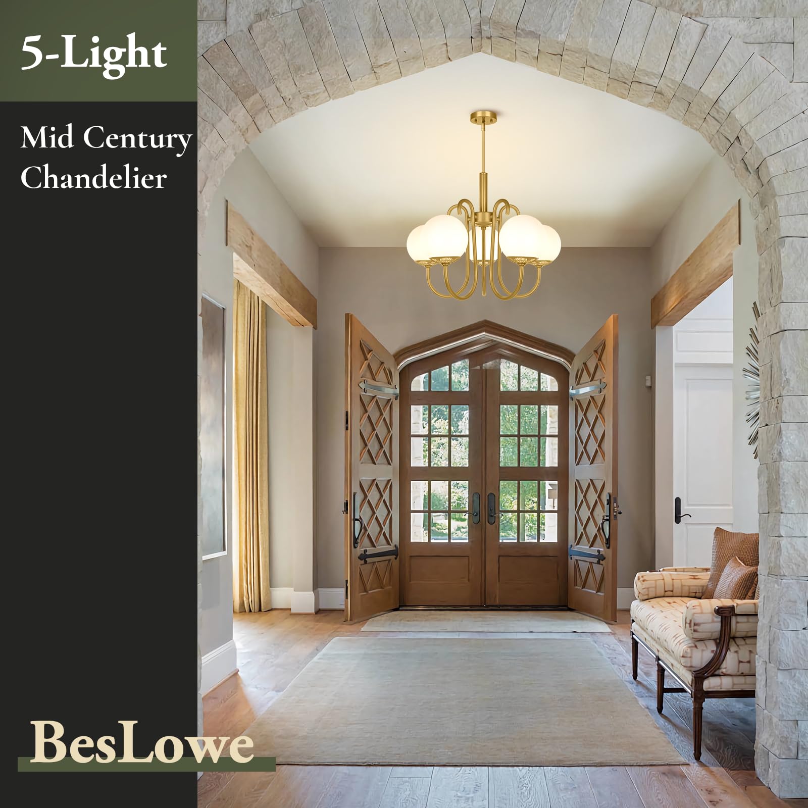 BesLowe Gold Chandelier - 5-Light Mid Century Modern Brass Chandelier for Dining Room, Kitchen Island & Living Room | Adjustable Height Globe Ceiling Light Fixture | Perfect for Entryway, Foyer & Home Decor