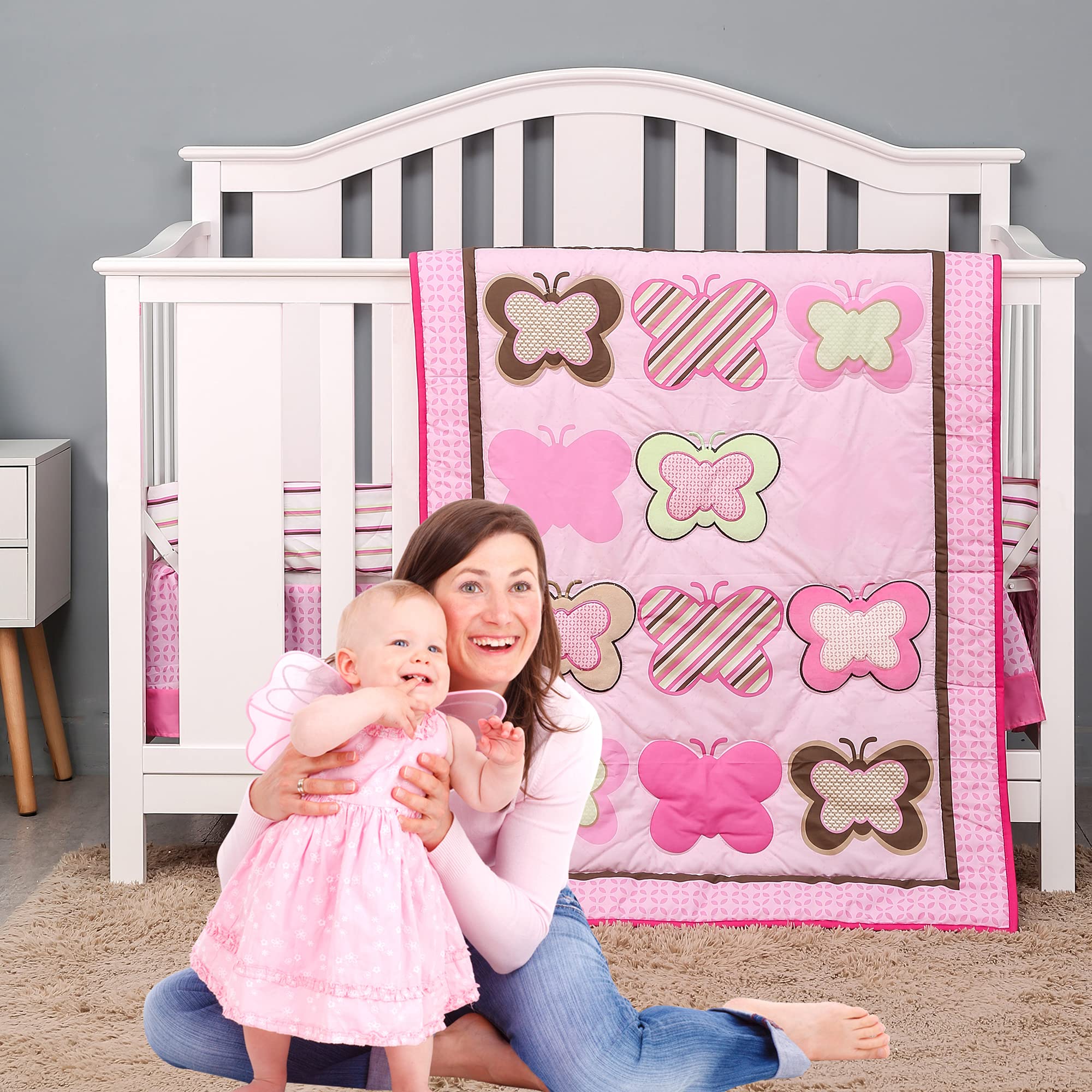 Brandream Pink Butterfly Crib Bedding Set for Baby Girls - 3-Piece Nursery Set with Patchwork Quilt, Fitted Sheet & Crib Skirt | Soft Cotton Crib Bedding for Newborn & Toddler | Perfect for Nursery Decor, Baby Shower Gift & Cozy Sleep