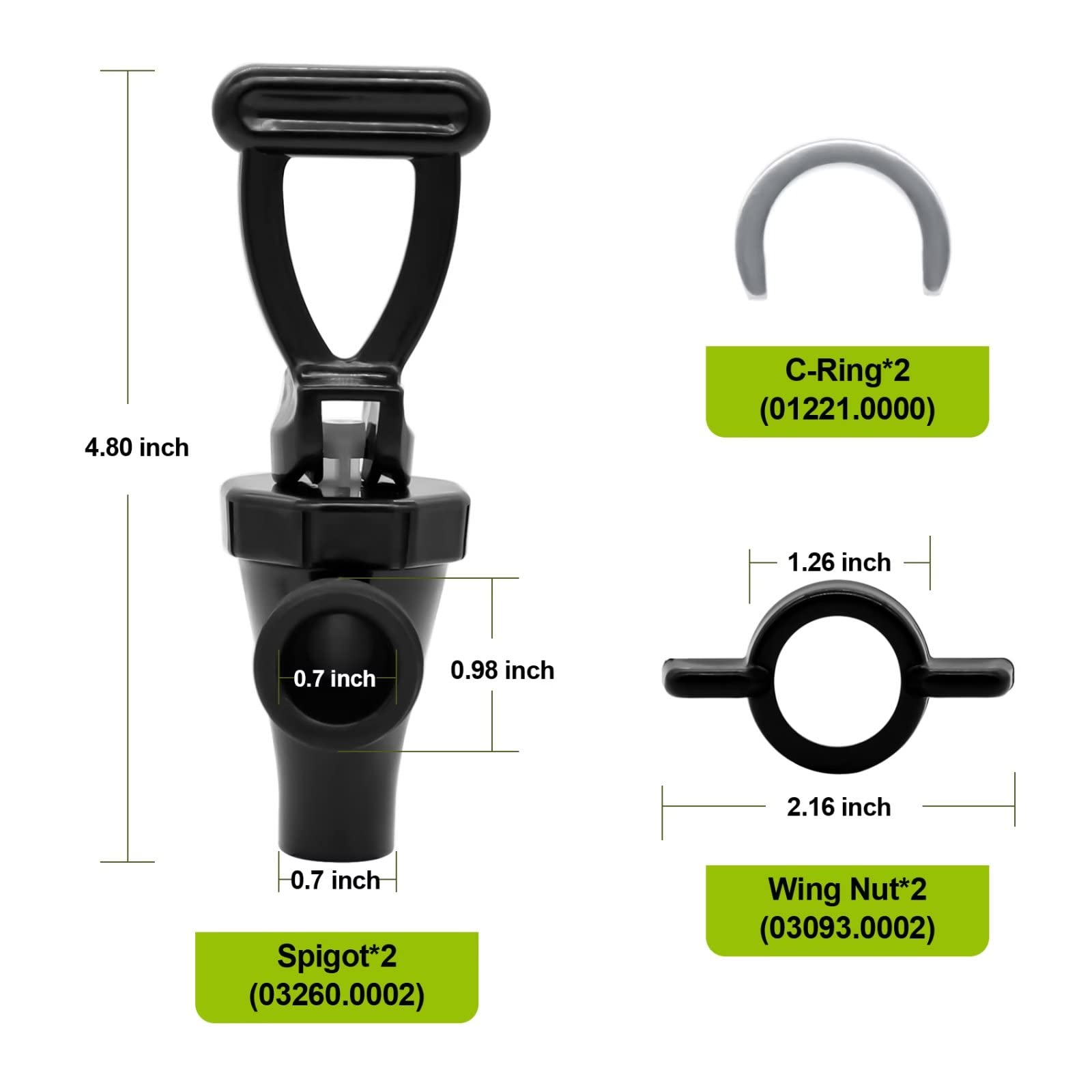 03260.0002 Replacement Faucet Kit for Tea Dispenser - 2 Pack Black Spigot with Wing Nut & C-Ring | Tea Urn Nozzle Replacement for Commercial Brewers & Home Use
