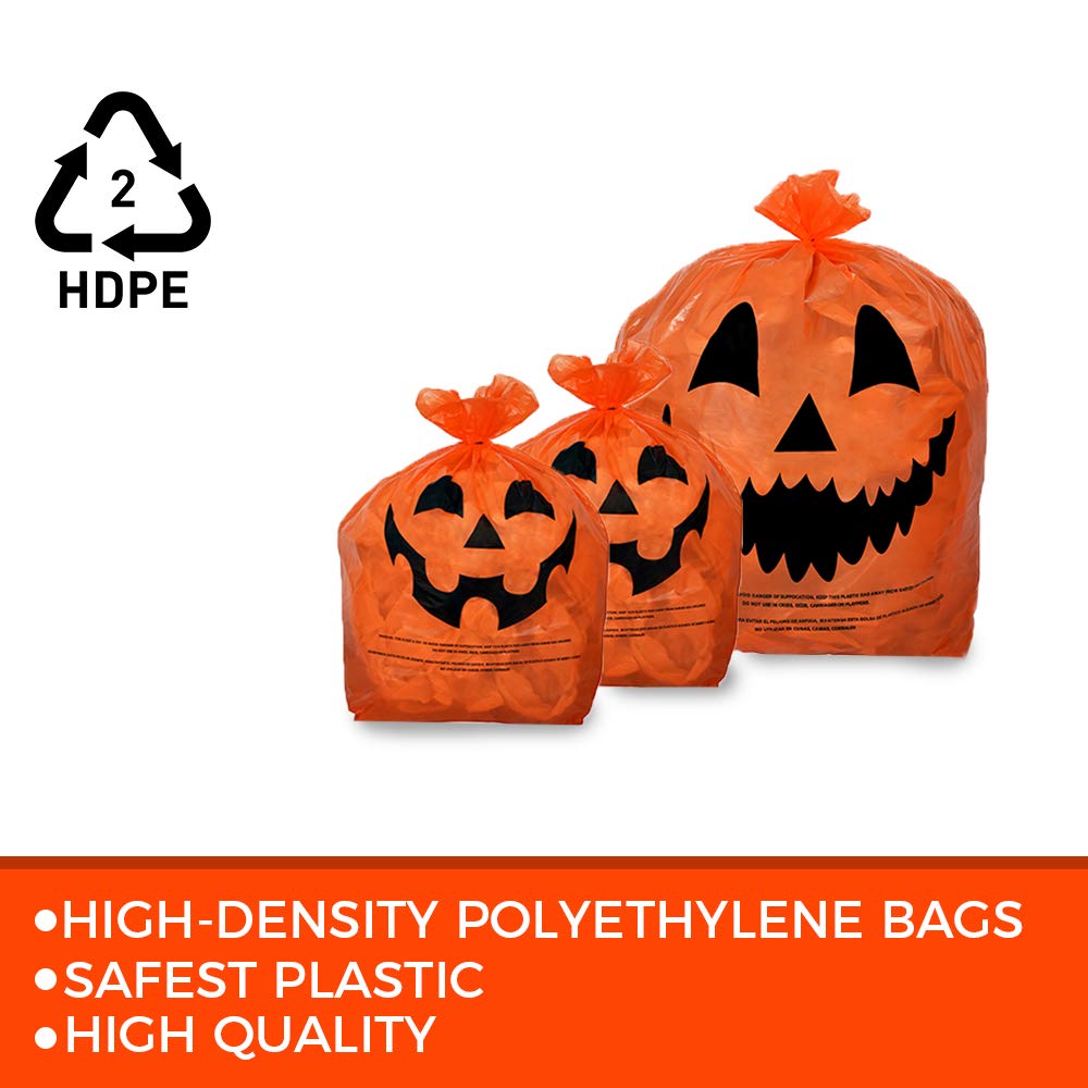 KINREX Halloween Pumpkin Leaf Bags - 3 Pack Orange Plastic Lawn Bags with Twist Ties for Fall Yard Decor | Jack O' Lantern Outdoor Trash Bags | Perfect for Autumn Leaf Cleanup & Spooky Halloween Decorations