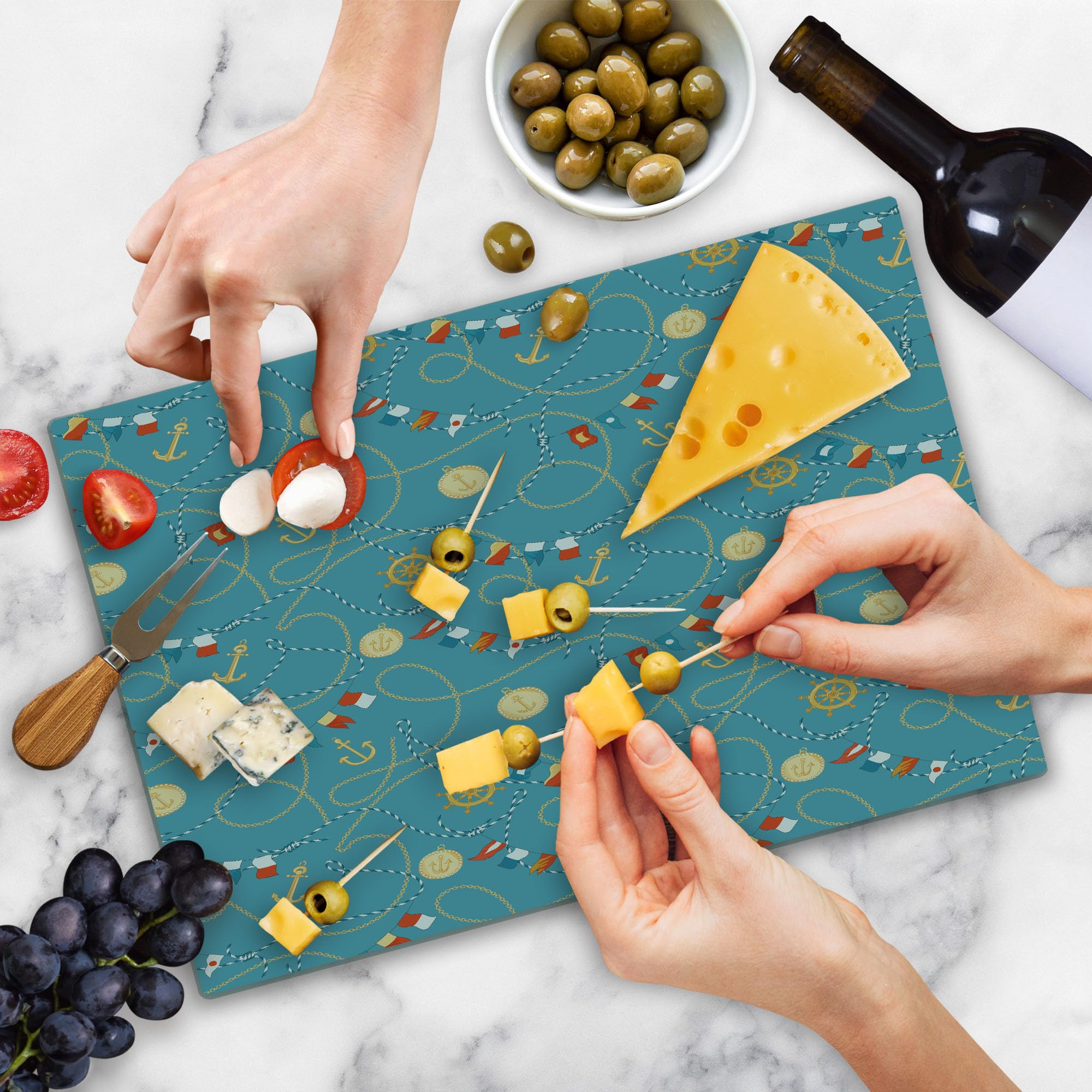 Ambesonne Blue Nautical Themed Cutting Board - Sailor Anchor Medals Chains Flags Steering Wheel Design - Tempered Glass Serving & Chopping Board - Large Size (Cadet Blue/Beige) - Perfect for Kitchen Prep, Charcuterie Display & Coastal Home Decor