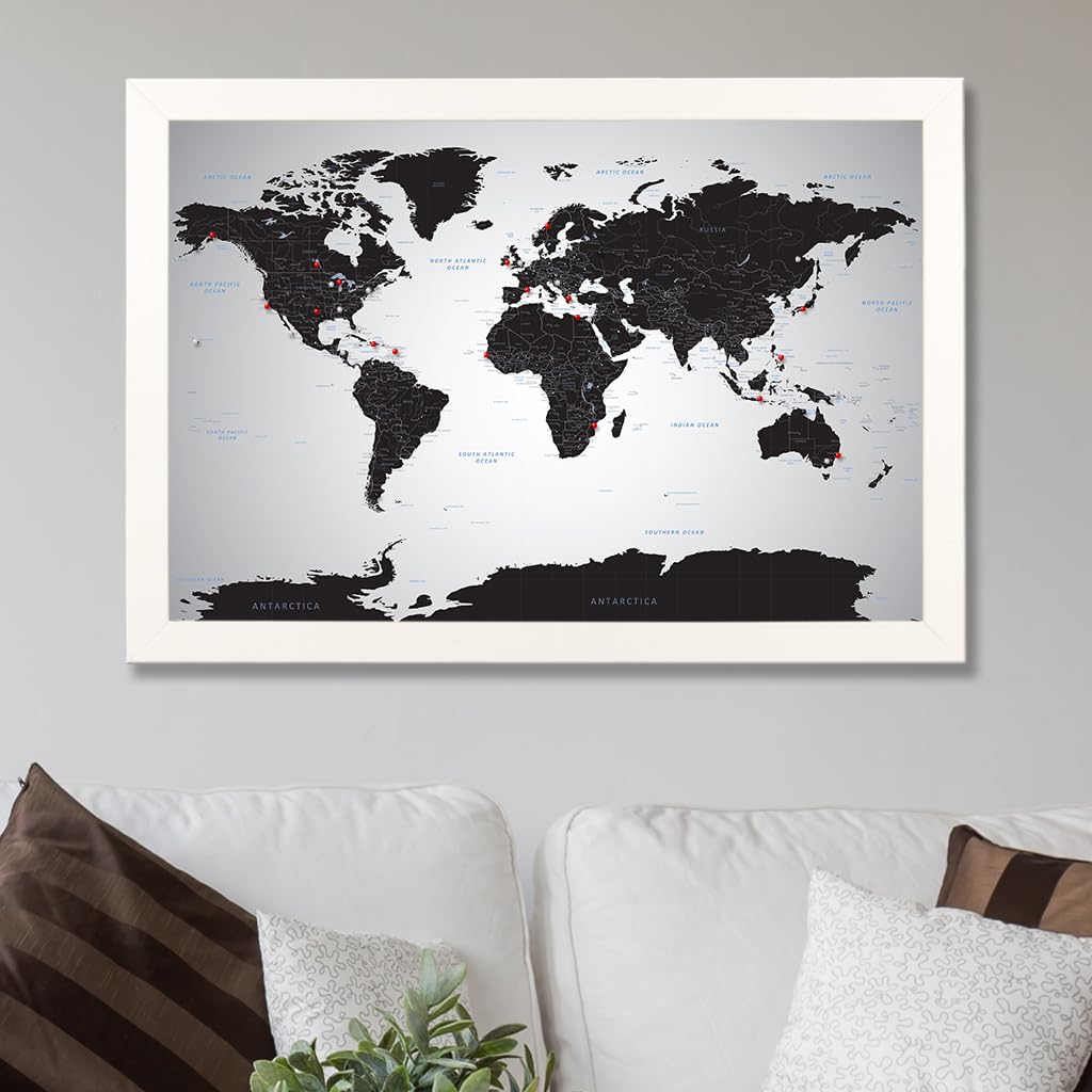 Push Pin Travel Map - Black Ice World Textured White Framed Pin Board for Tracking Adventures - 27.5