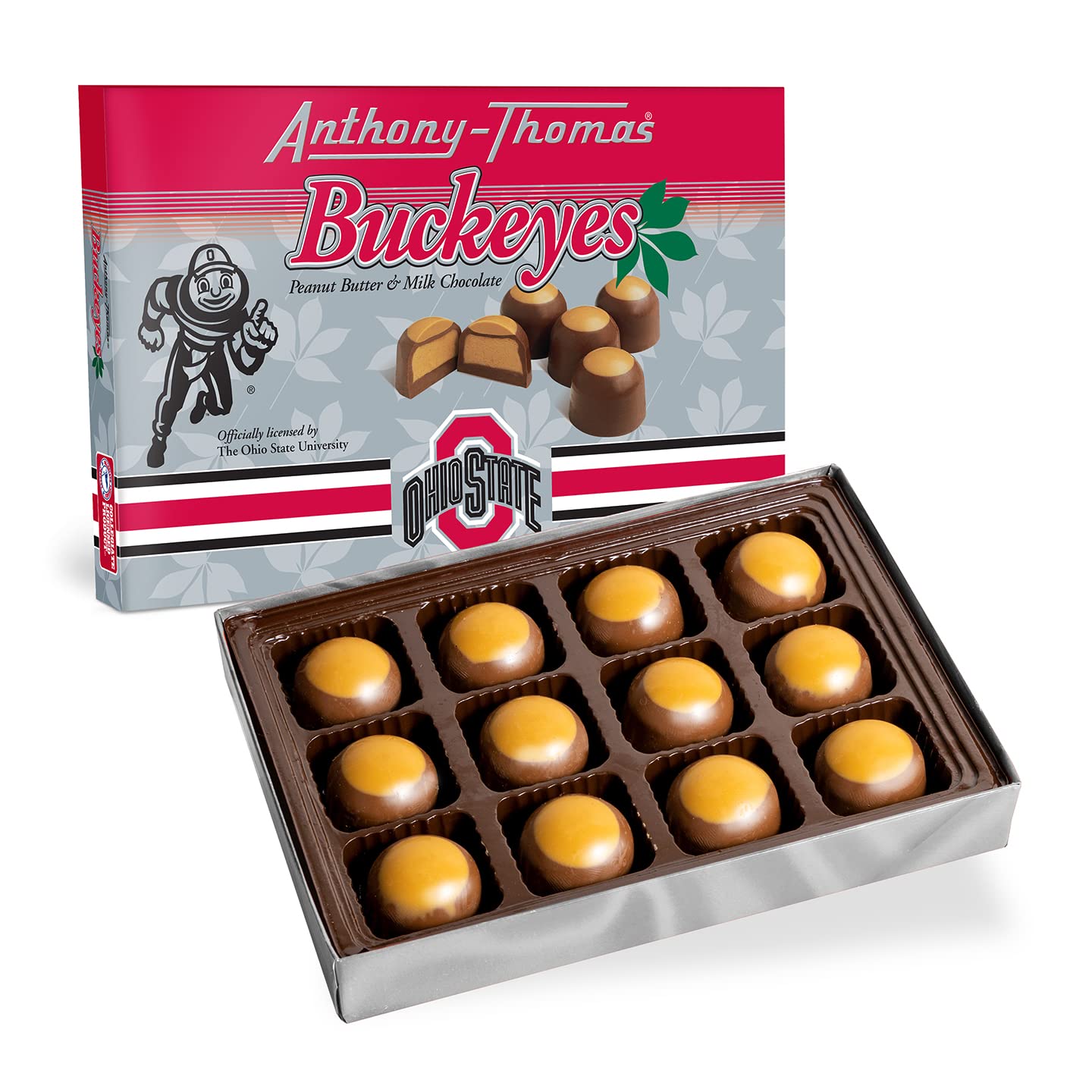 Anthony Thomas Ohio State Buckeyes Box - 12 Count Peanut Butter & Milk Chocolate Buckeyes, Great Tasting Delicious Snacks for Parties, Gifts & Game Day Treats | Perfect for Ohio State Fans & Chocolate Lovers