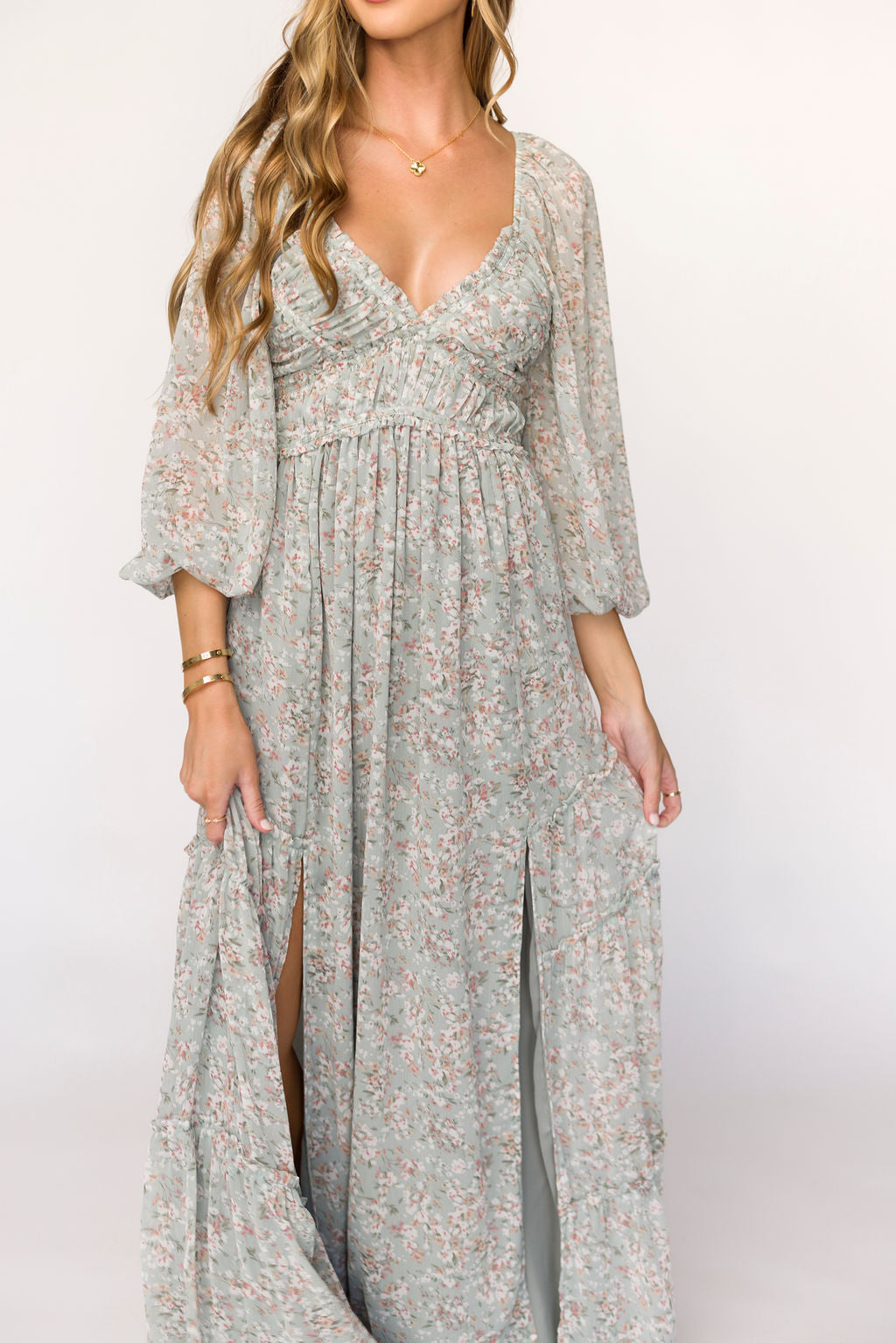 **Daphne Long Sleeve Maxi Dress - Floral Print in Sage, Pink & Ivory | Bump Friendly & Inclusive Sizing (XS-3XL) | Perfect for Maternity, Weddings & Casual Wear**