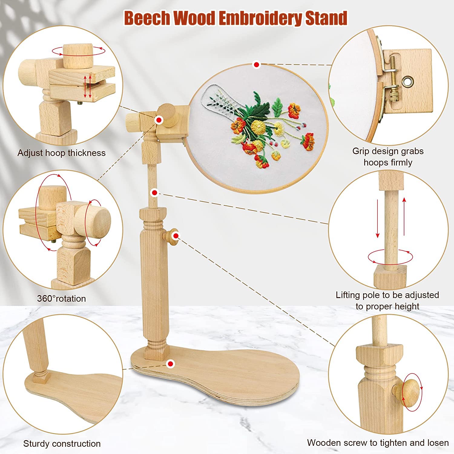 Natural Beech Wood Embroidery Hoop Stand - Rotatable Cross Stitch Lap Holder for Hands-Free Needlework | Perfect for Crafting, Sewing & DIY Art Projects at Home