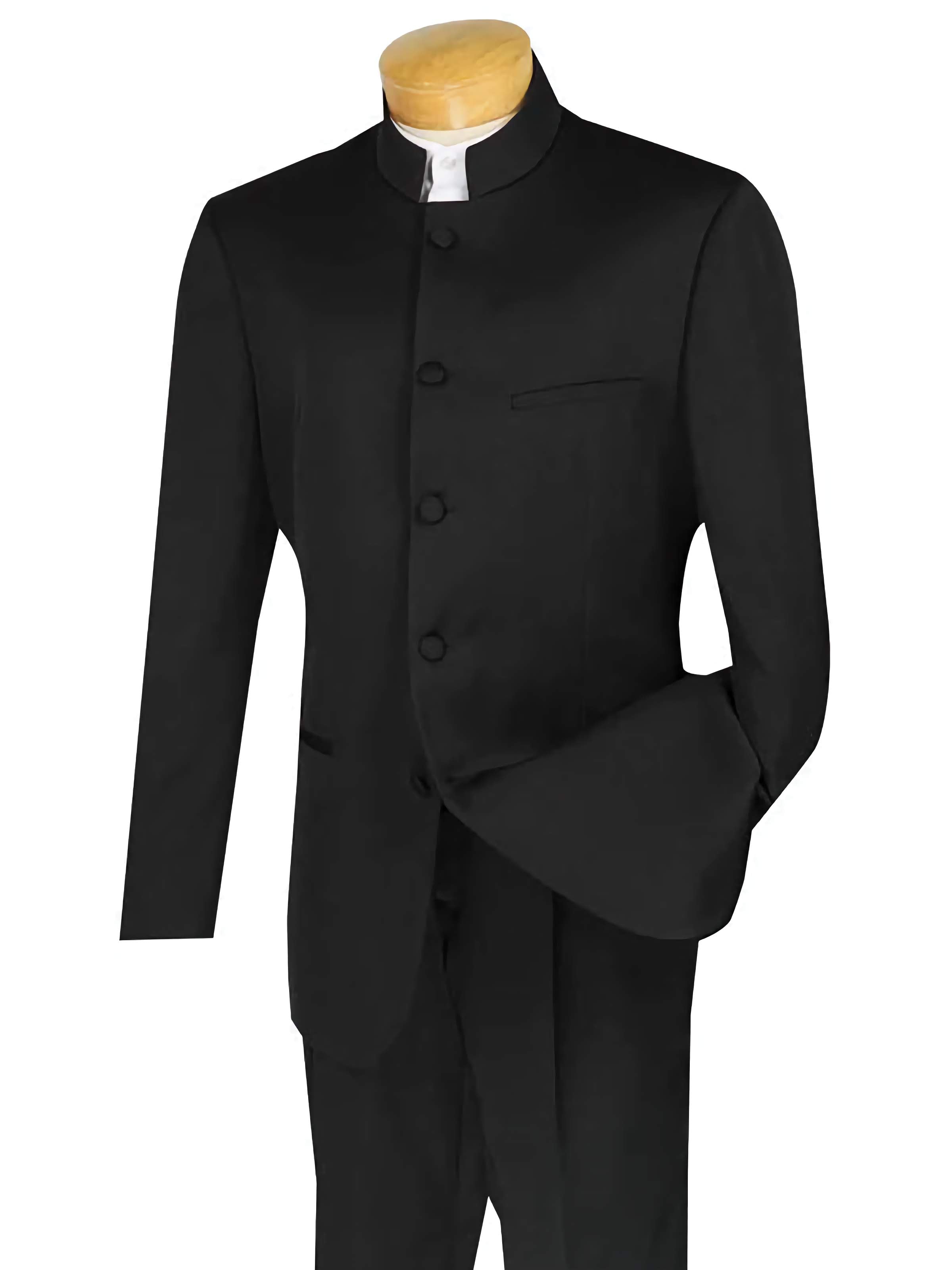 King Collection Men's 2-Piece Slim Fit Banded Collar Tuxedo Suit - Black Formal Wear for Weddings, Prom & Special Occasions