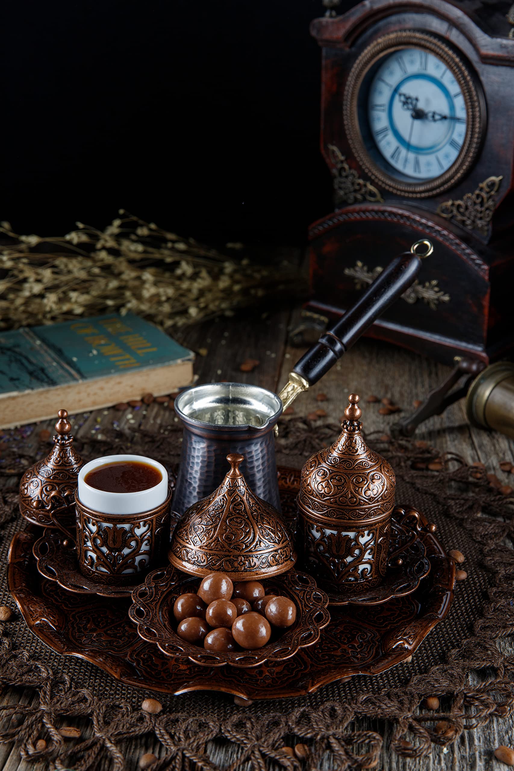 DEMMEX Turkish Greek Arabic Coffee Set - 12-Piece Antique Copper Coffee Pot with Cups, Saucers, Lids, Sugar Bowl & Tray (Chocolate Brown) - Traditional Middle Eastern Coffee Maker for Home, Office & Gift Giving