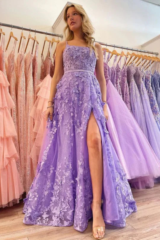 Elegant A-Line Lavender Lace Butterfly Prom Dress with High Slit - Perfect for Homecoming, Formal Dances & Special Occasions