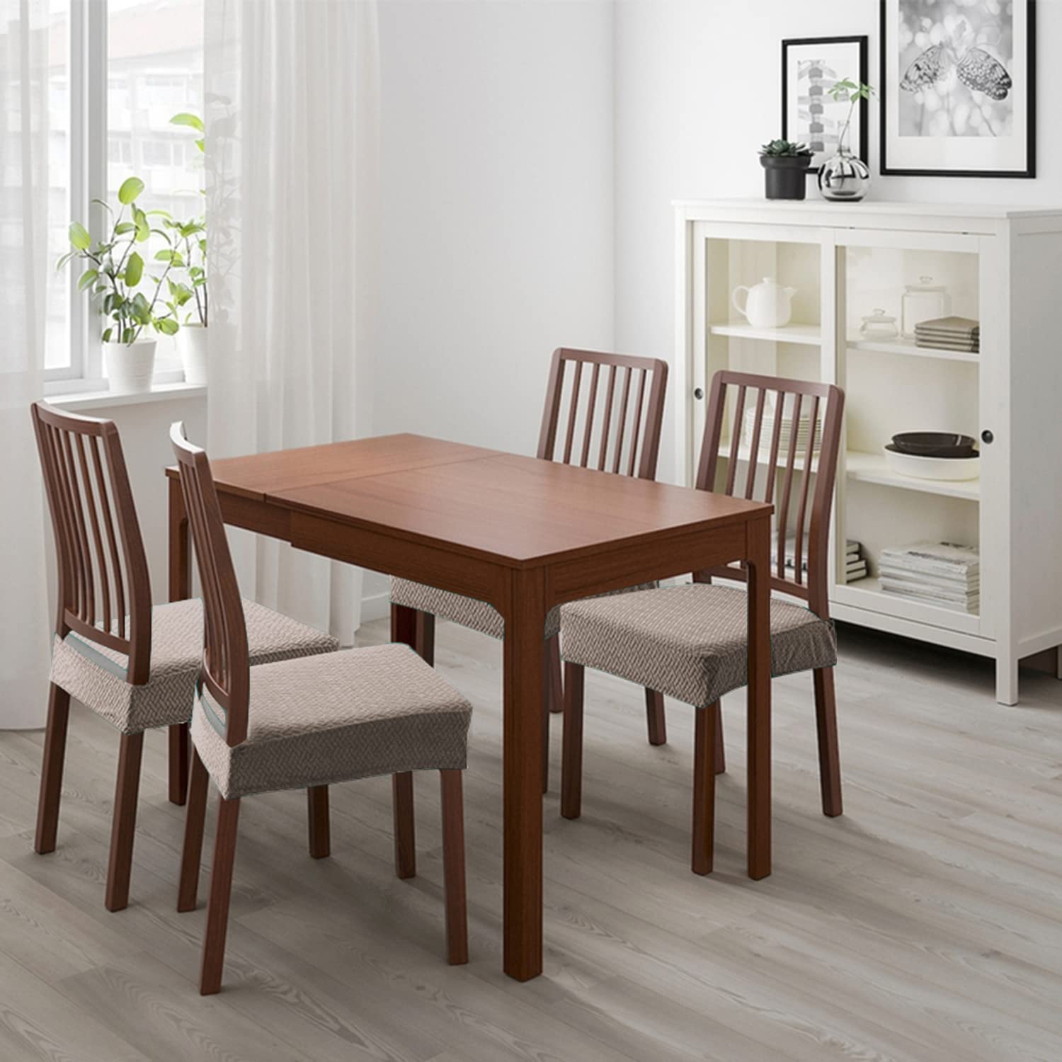 Stretch Jacquard Waterproof Dining Chair Seat Covers Set of 4 - Taupe Kitchen Chair Slipcovers for Dining Room & Home Decor | Perfect for Family Gatherings & Dinner Parties