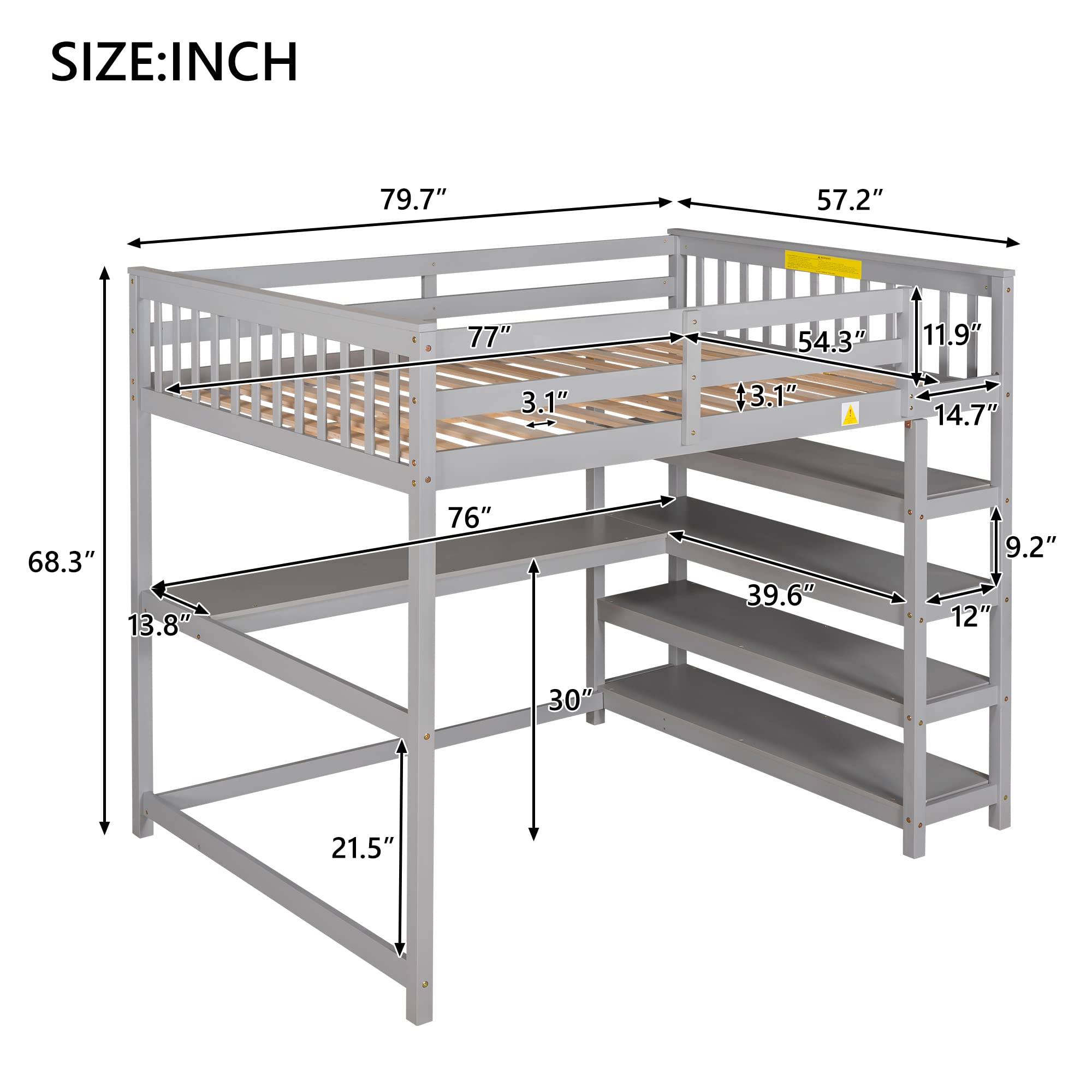Bellemave Full Size Loft Bed with Desk & Storage Shelves - Solid Wood Loft Bed Frame for Teens & Adults - Space-Saving Bedroom Furniture (Gray) - Perfect for Small Rooms, Dorms & Apartments