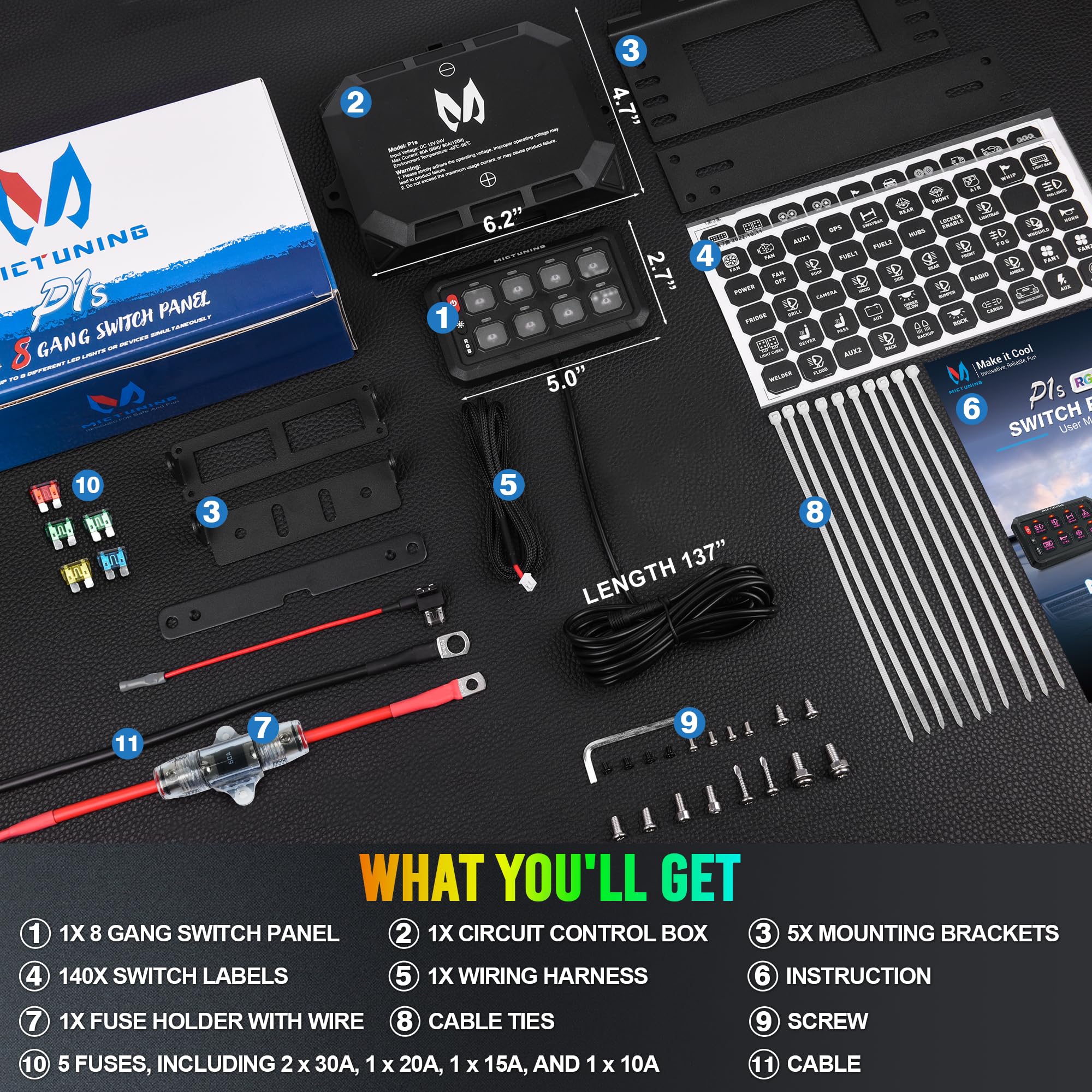 MICTUNING Upgraded P1s-X RGB 5 Inch 8 Gang Switch Panel - Multifunction Toggle Momentary Strobe Pulsed Switch Pod with 5-Level Brightness Control | Circuit Relay System Box for Truck, RV, Offroad Vehicles | Perfect for Custom Lighting & Accessory Control in Automotive Applications