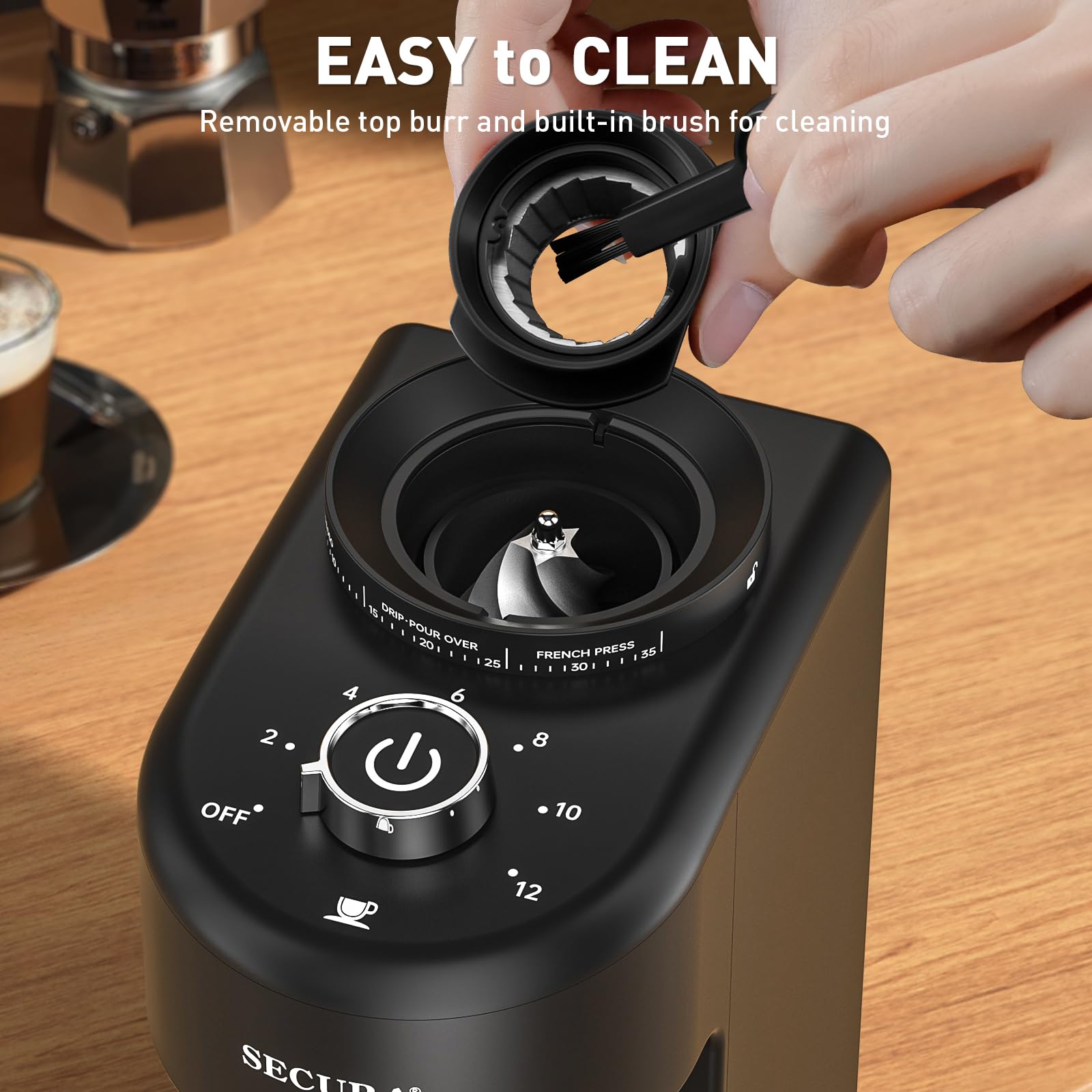 Secura Stainless Steel Conical Burr Coffee Grinder - 35 Precise Grind Settings for Espresso to French Press, 2-12 Cup Capacity with 8.8oz Bean Hopper, One-Touch Electric Operation - Perfect for Home Baristas & Coffee Enthusiasts