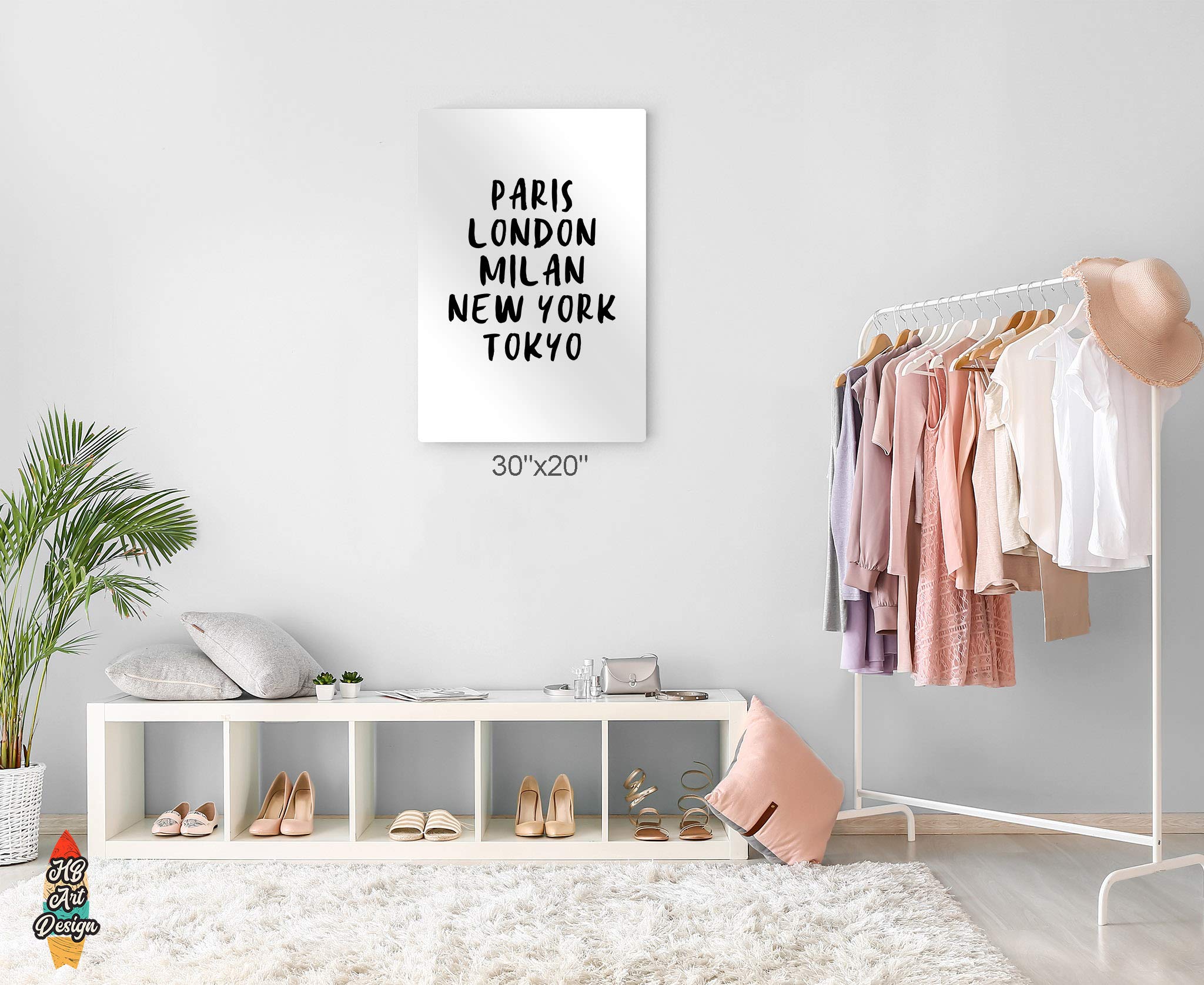 HB Art Design Paris London Milan New York Tokyo Black & White City Skyline Metal Wall Art - Modern Fashion Lettering Print for Office, Dorm, Bathroom, Living Room & Bedroom Decor - Ready to Hang 30x20 Inches - Perfect for Urban Chic Home & Workspace Aesthetics
