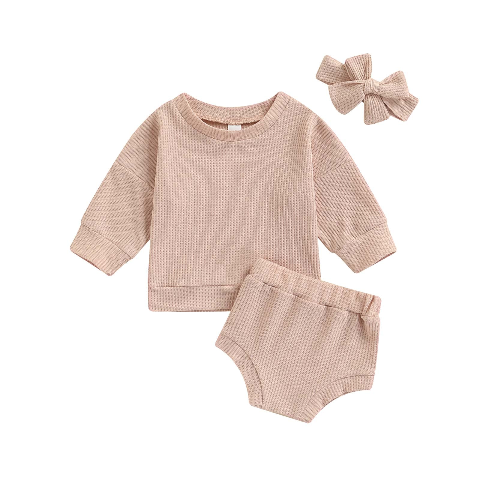 Newborn Baby Girl Waffle Knit Outfit Set - 3Pcs Long Sleeve Crewneck Sweatshirt, Shorts & Headband - Soft Cotton Solid Color Clothes for Newborns - Perfect for Photography, Playtime & Special Occasions