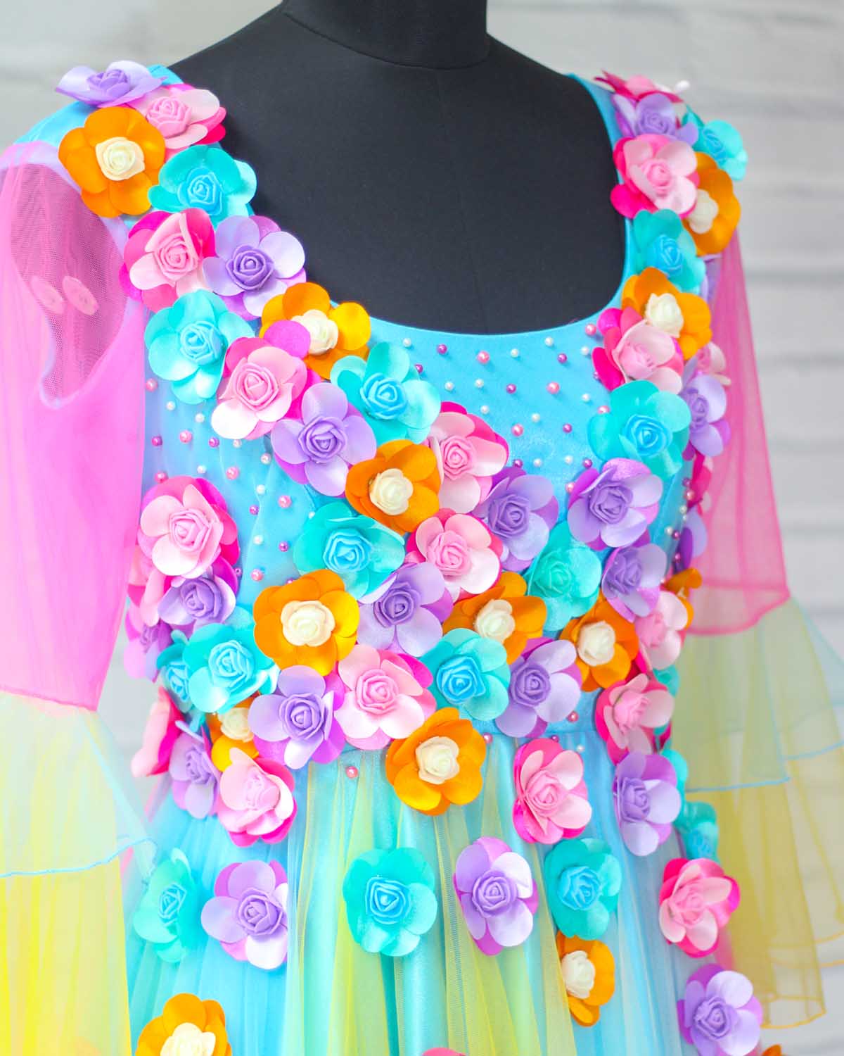 Pre Order: Light Multi Candy Shade Gown With Scattered Matching Flower Embellishments - Elegant Prom Dress, Wedding Guest Outfit, Special Occasion Formal Wear