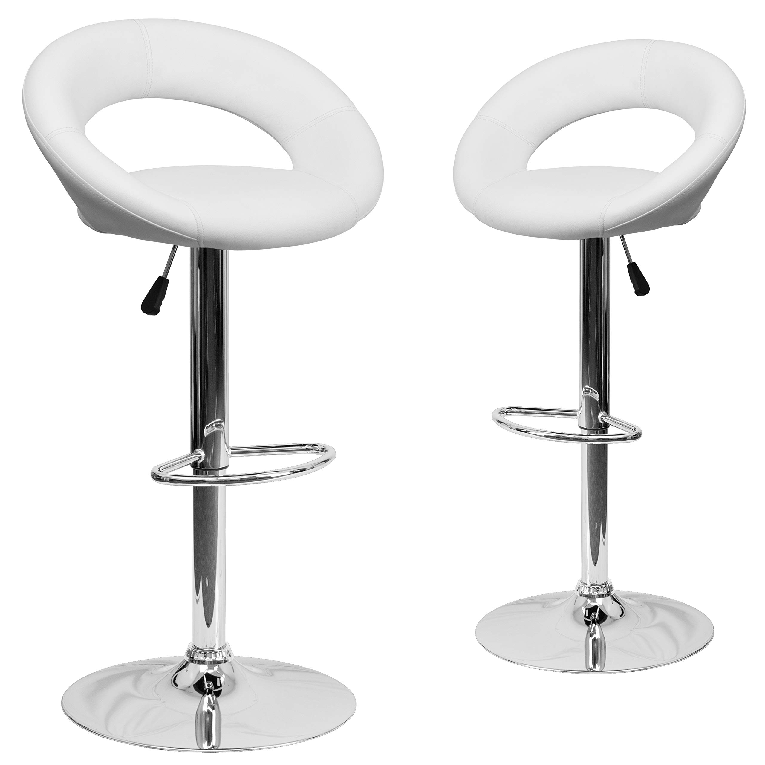 Flash Furniture Anthony 2-Pack White Vinyl Adjustable Height Bar Stools with Chrome Base - Modern Orbit-Style Back Design for Kitchen Island, Breakfast Bar & Home Decor