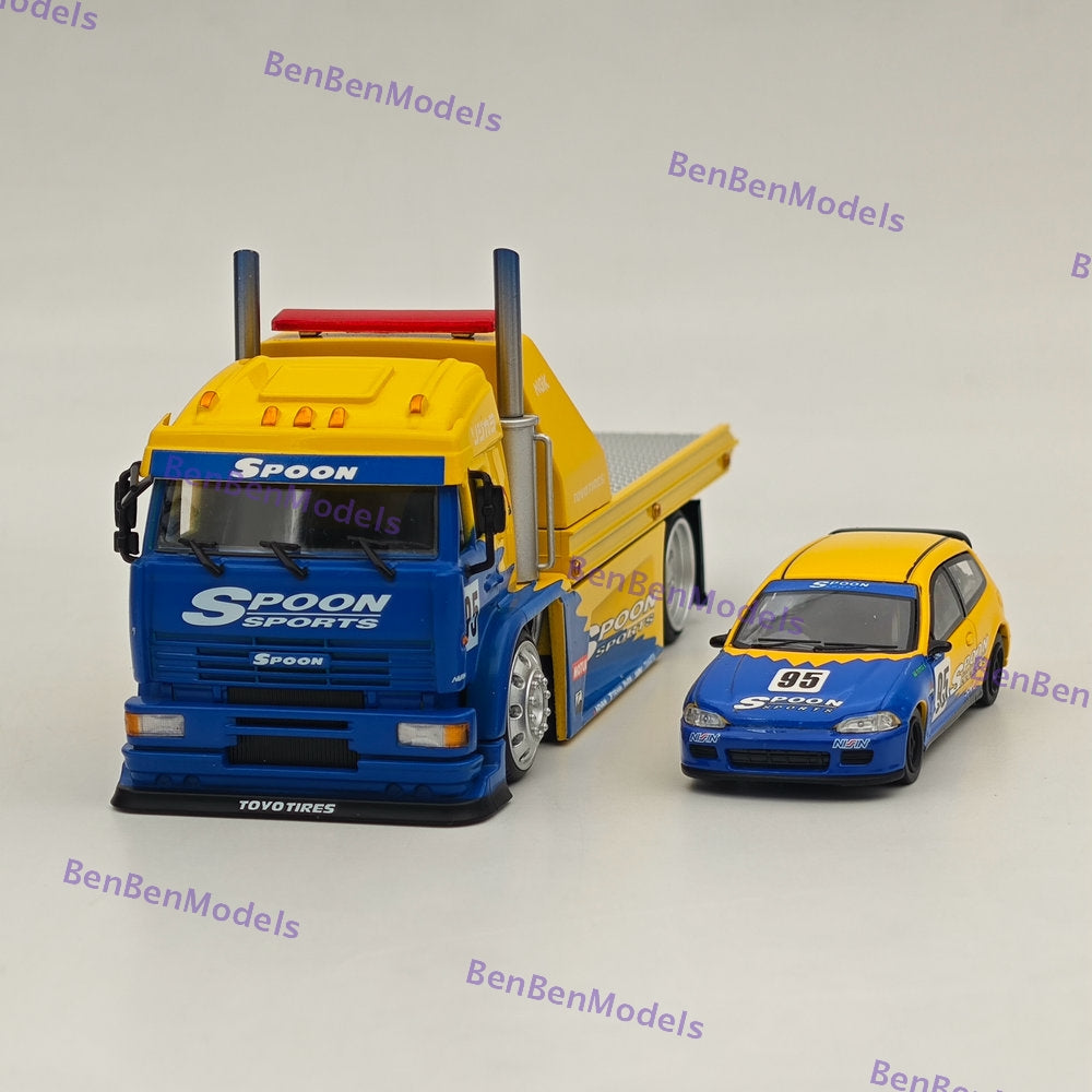 1:64 Scale SH KamAZ Spoon Sports Flatbed Tow Truck with Honda Civic EG6 Spoon #95 Diecast Model Car - Perfect for Collectors, Racing Enthusiasts, and Display Showcases