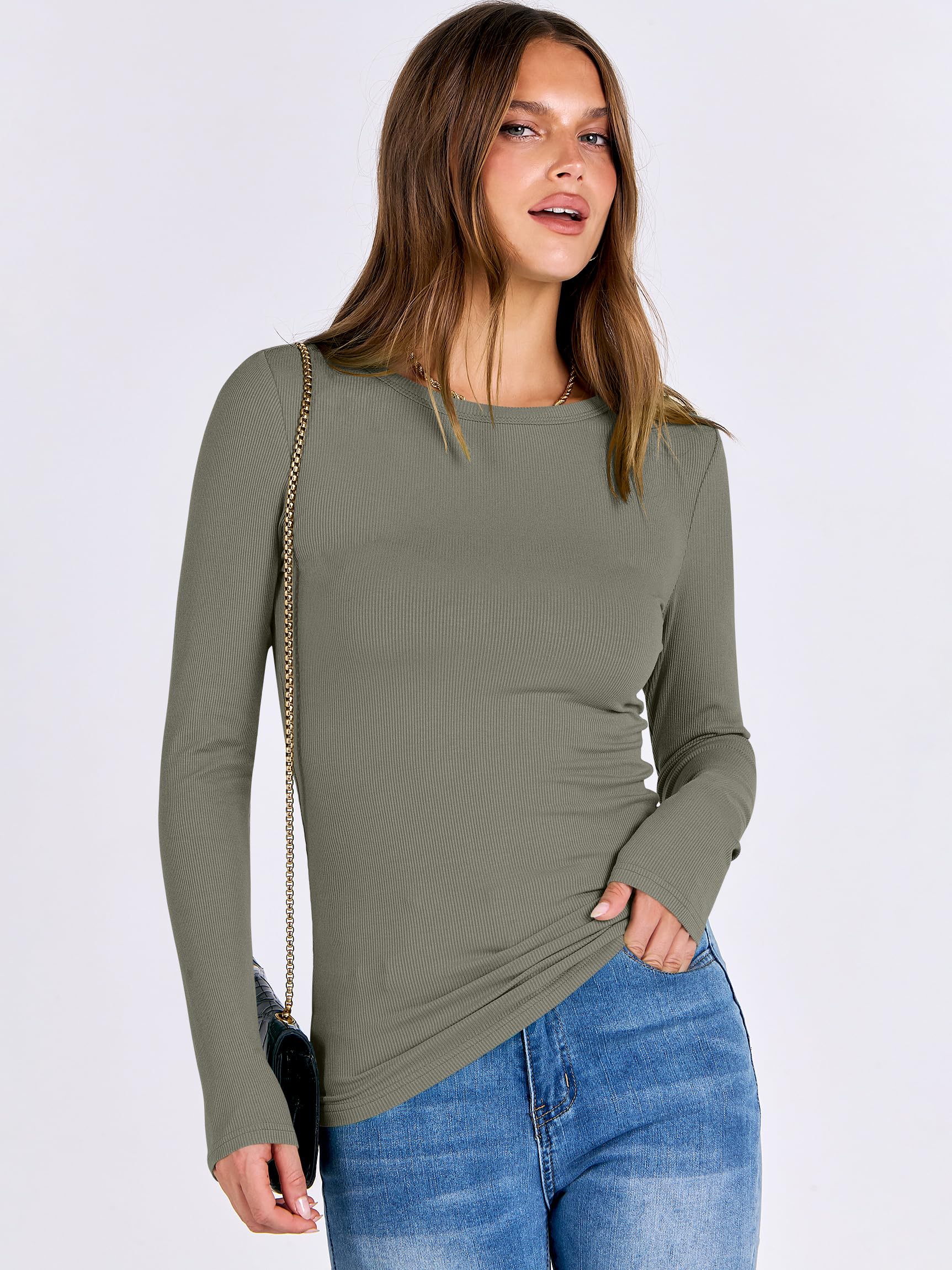 ANRABESS Women's Long Sleeve Crewneck Rib Knit Slim Fit Basic T-Shirt - Casual Workout & Going Out Tops | Perfect for Yoga, Gym, and Everyday Wear