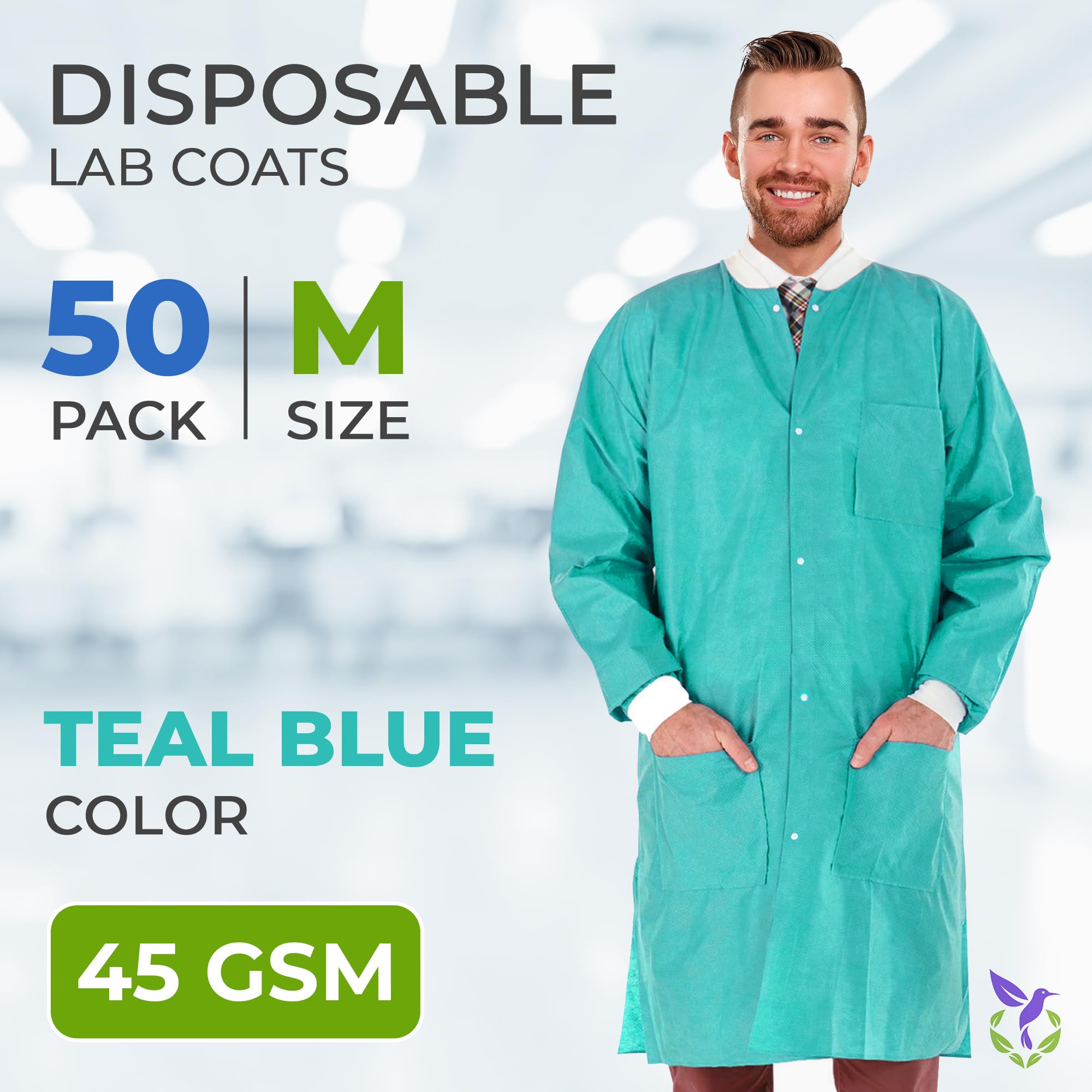 Disposable Lab Coats for Adults - Medium, Pack of 50 - Teal Blue SMS Knee-Length Medical Lab Coats (45 GSM) with Cuffs, Collar & 3 Pockets - Ideal for Medical, Dental, Laboratory, Painting & Industrial Use
