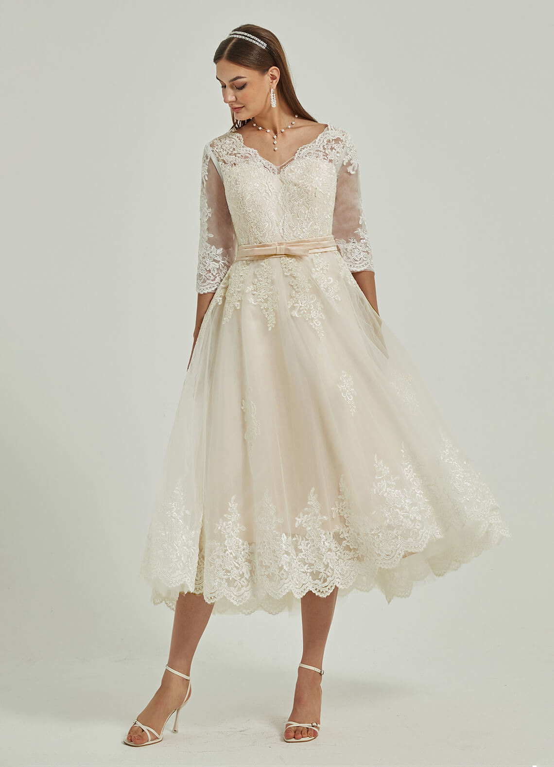 Elegant Diamond White & Champagne Lace A-Line Wedding Dress with 3/4 Sleeves and High-Low Hem - Perfect for Beach Weddings, Garden Ceremonies, and Romantic Vows