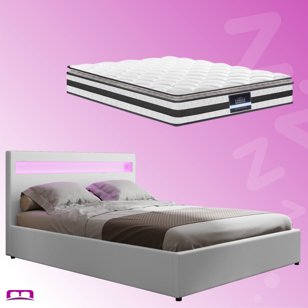 Wanda LED Bed Frame with Normay Series Pillow Top Mattress - Medium Firm Queen Size, White & Gray Double Package | Perfect for Modern Bedrooms, Guest Rooms & Airbnb Rentals
