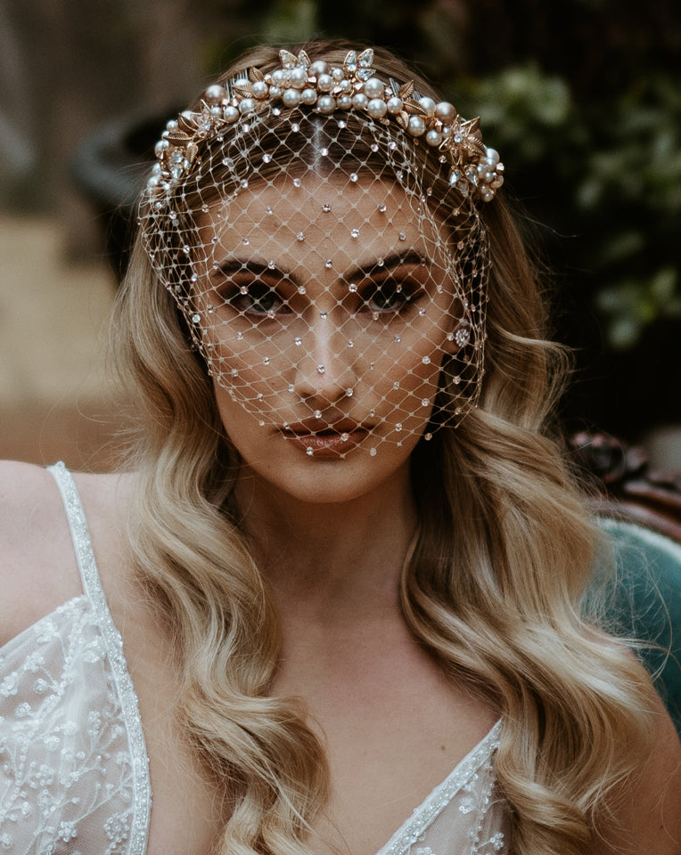 Elegant Pearl Clustered Bridal Headband with Optional Crystal Birdcage Veil - Breeanna Glam by Kezani | Perfect for Weddings, Prom, and Formal Events