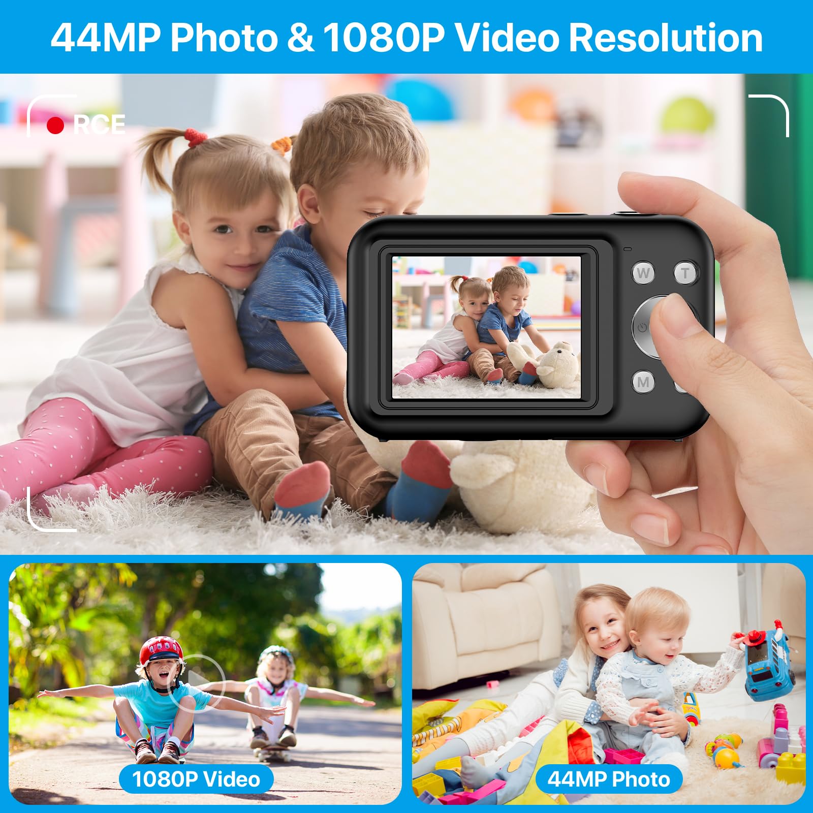 **44MP 1080P HD Kids Digital Camera with LCD Screen & 16X Digital Zoom - Rechargeable Compact Camera for Boys, Girls & Students - Perfect for Travel, Birthday Gifts & School Projects (Black)**