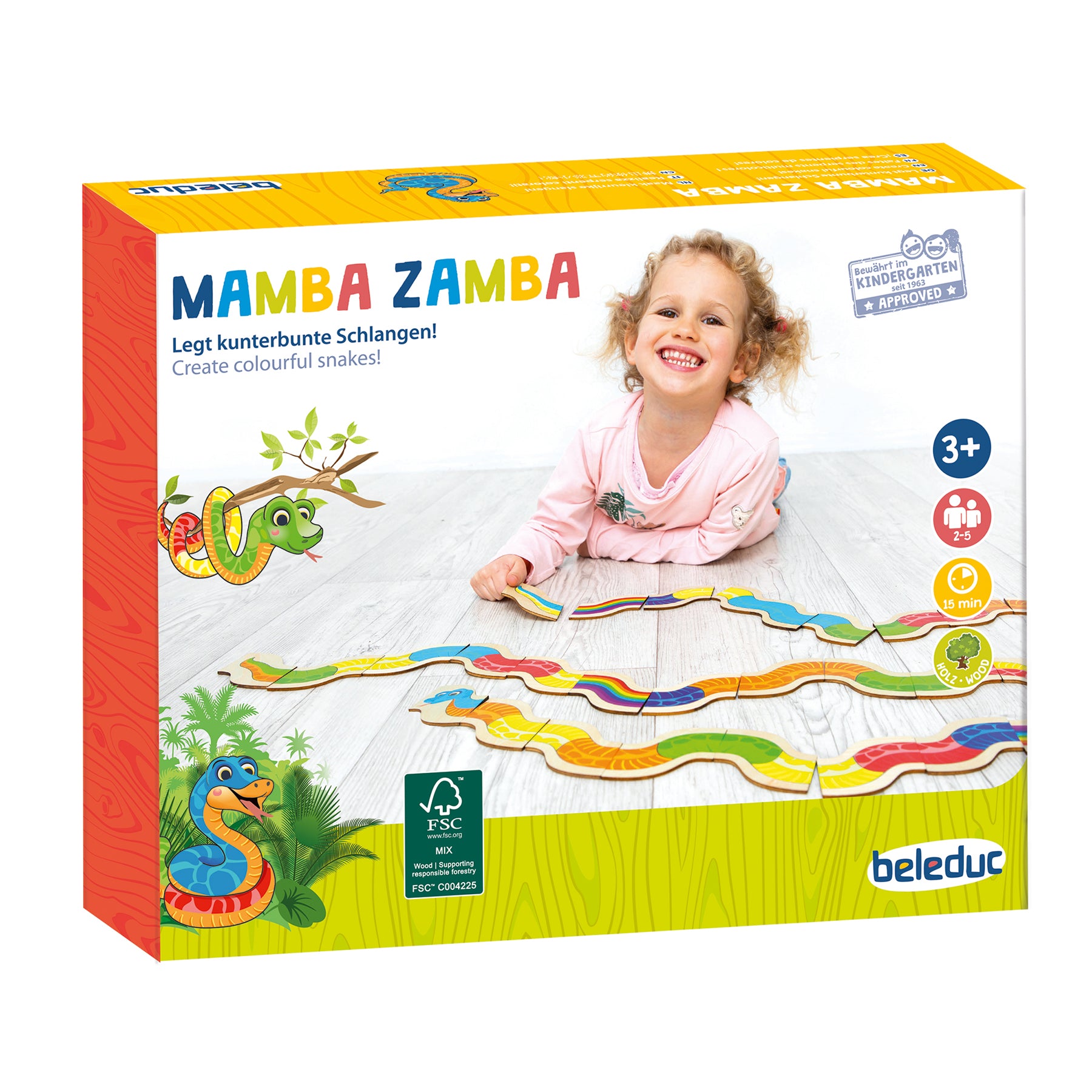 Beleduc Mamba Zamba Colorful Snake Domino Game - Educational Wooden Dominoes for Kids | Fun Family Board Game for Preschool Learning & Party Entertainment