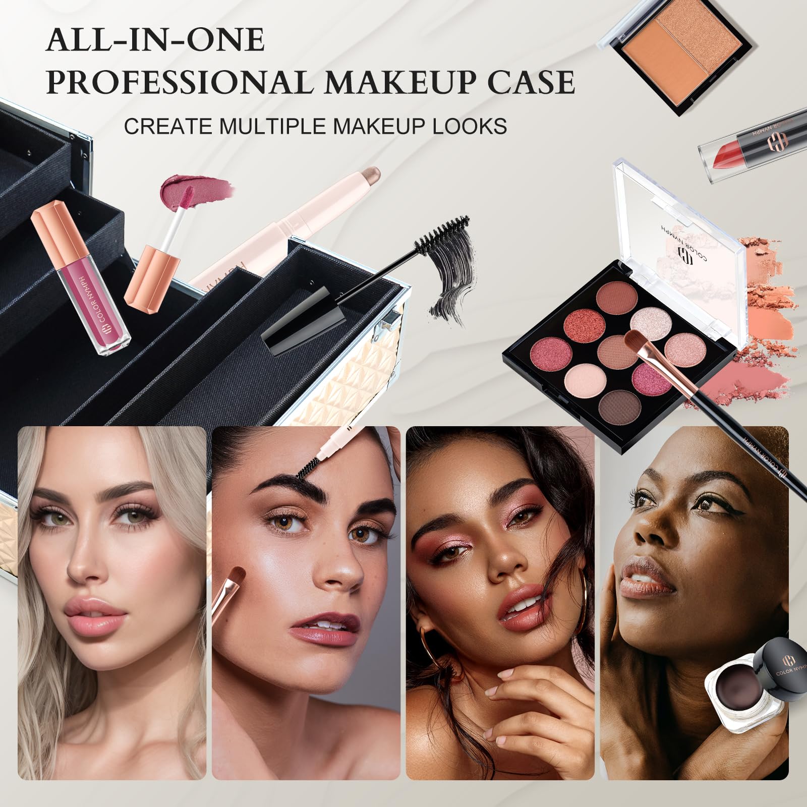 Color Nymph Professional Makeup Kit for Women & Teens - Complete Cosmetic Set with Eyeshadow, Blush, Lipstick, Mascara in Gold Storage Case | Perfect for Birthday Gifts, Parties & Everyday Glam