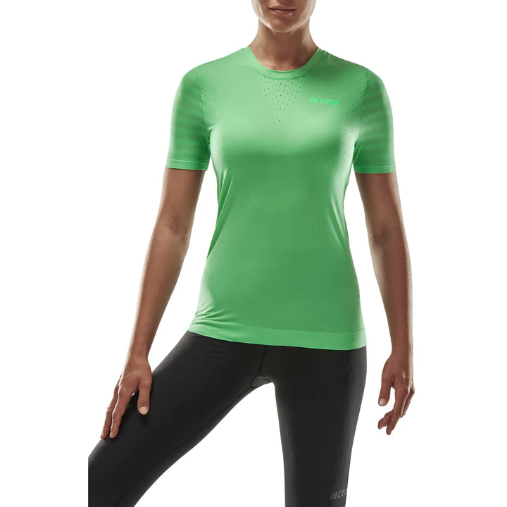 CEP Women's Run Ultralight Short Sleeve Running Shirt - Breathable Moisture Wicking Athletic Top for Jogging, Gym & Outdoor Sports (Green)