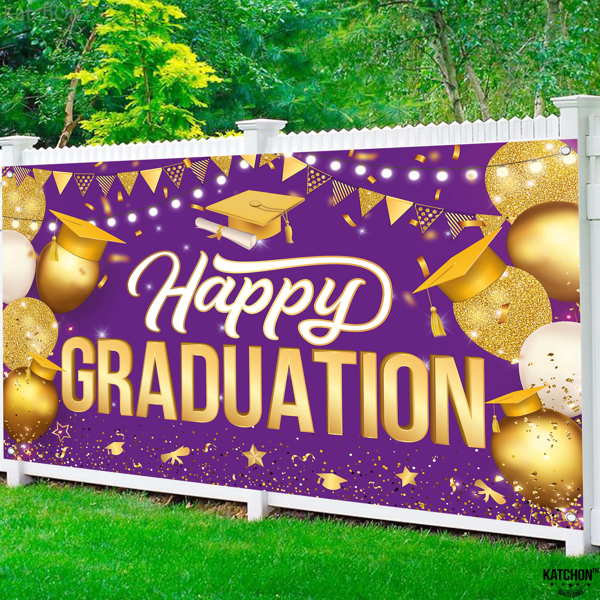 KatchOn Extra Large Happy Graduation Banner - 72x44 Inch Purple & Gold Backdrop for Class of 2025 | 2025 Graduation Decorations, Congratulations Banner | Perfect for Graduation Parties, Photo Booths & School Events