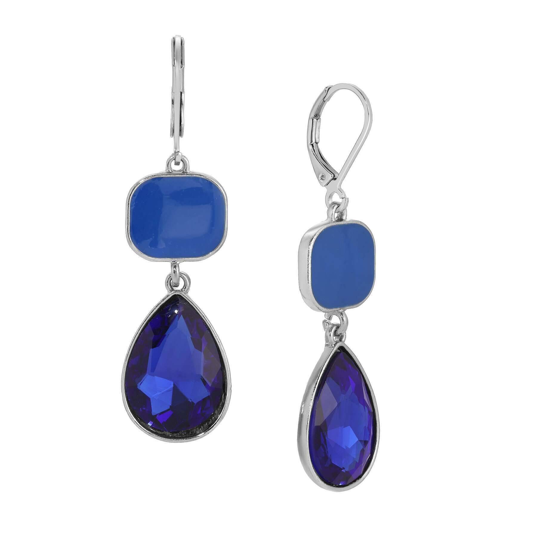 Vintage 1928 Jewelry Mid Century Inspired Square & Teardrop Blue Sapphire Dangling Earrings for Women - Elegant Statement Earrings for Parties, Weddings & Special Occasions
