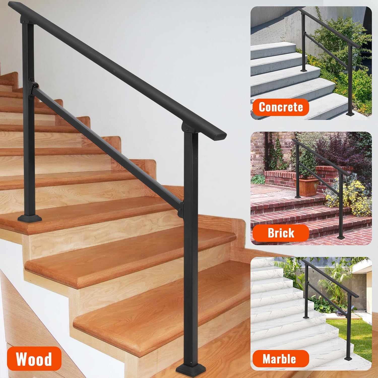 GARVEE 4-Step Outdoor Handrail - Durable Aluminum Alloy Stair Railing for Concrete Steps, Porch & Exterior Safety - Perfect for Home Entryways, Decks, and Patios (4 Steps)