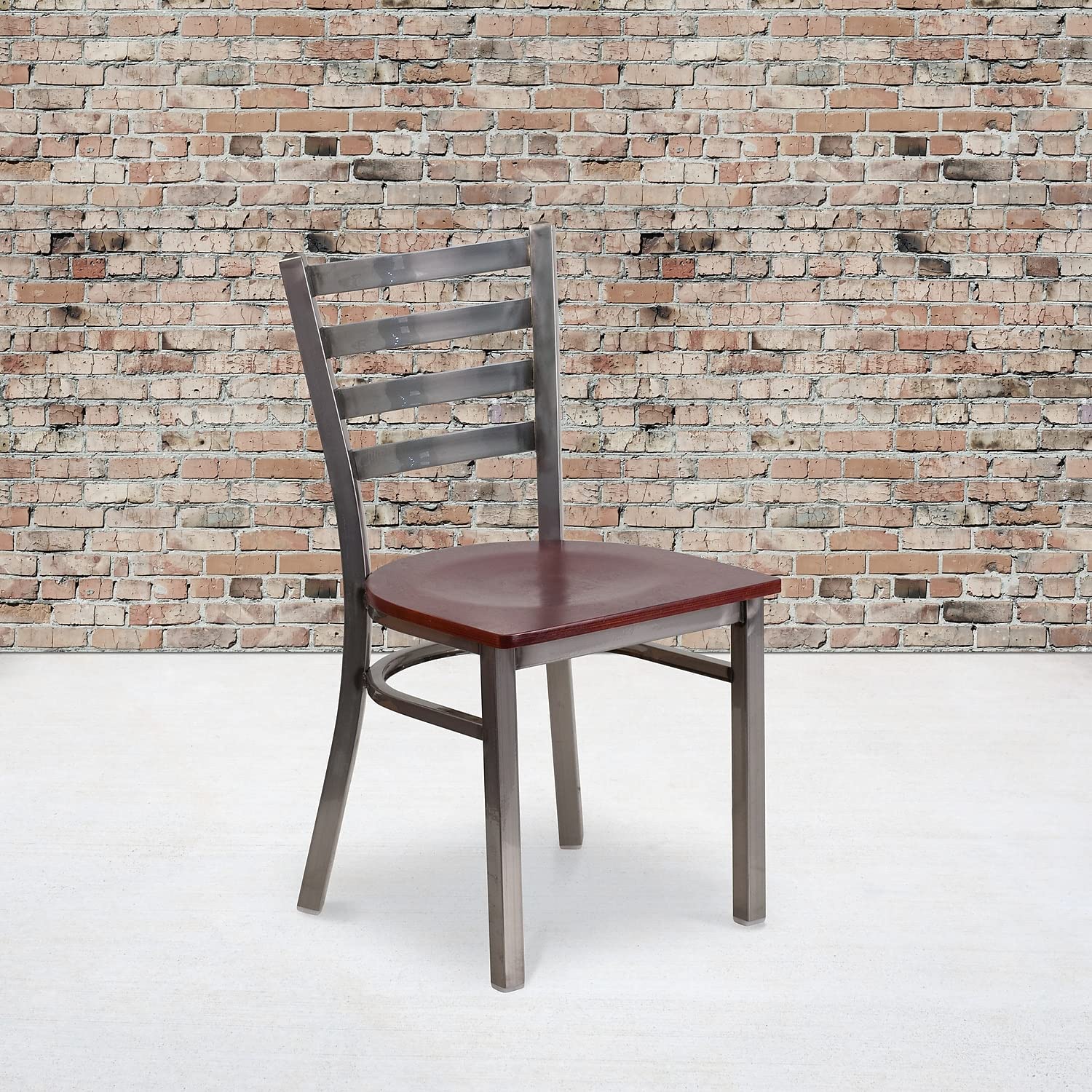 Flash Furniture 2-Pack HERCULES Series Metal Ladder Back Chairs - Clear Coated Mahogany Wood Seat for Restaurants, Cafes & Outdoor Dining | Commercial-Grade Stackable Seating Solution
