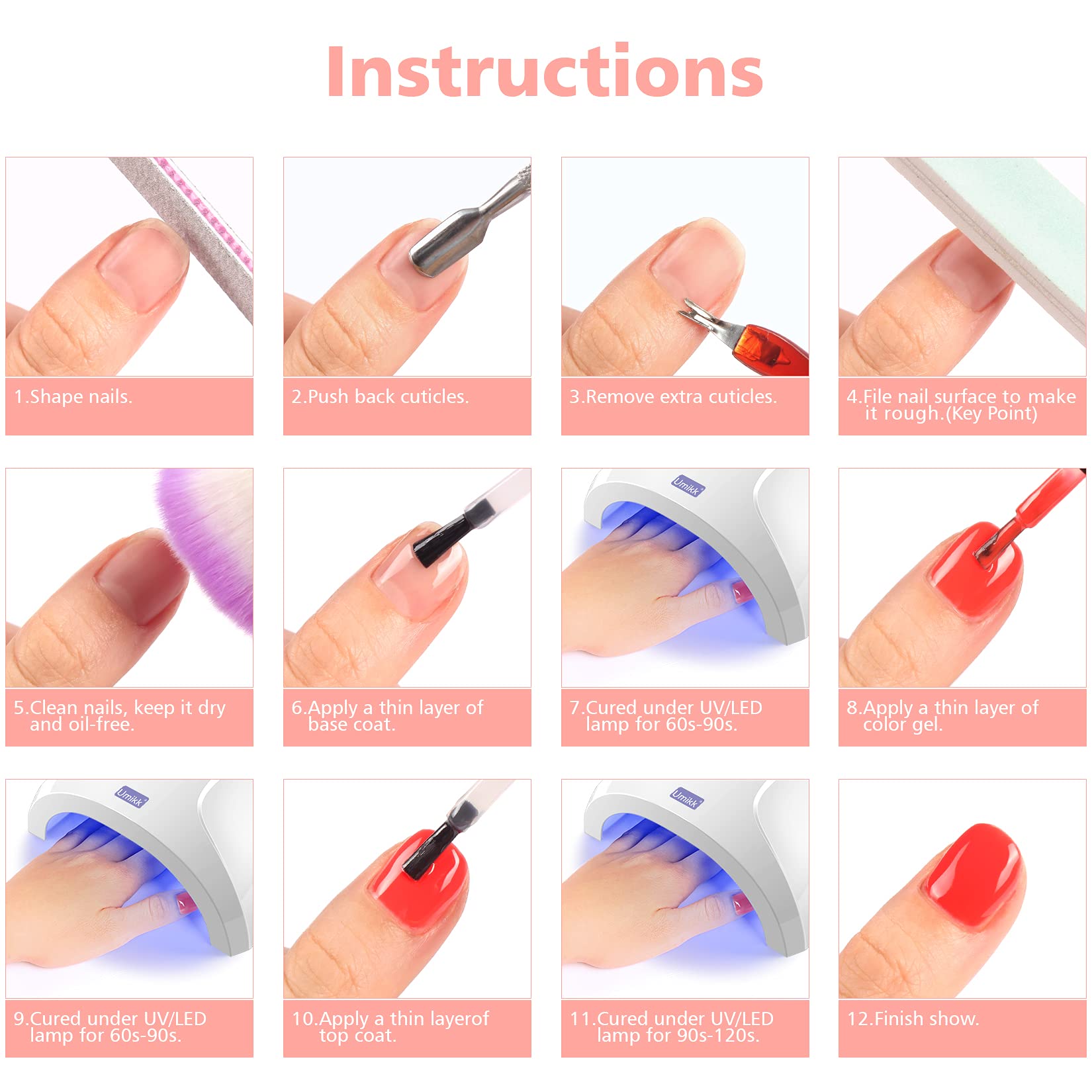 Umikk Gel Nail Polish Set - 7.5ml Red, Orange, Yellow, Green Colors with 10ml Base & Top Coat - Soak Off UV LED Cured for Home Manicure & Nail Art - Perfect for DIY Nails, Salon Quality, Long Lasting Wear